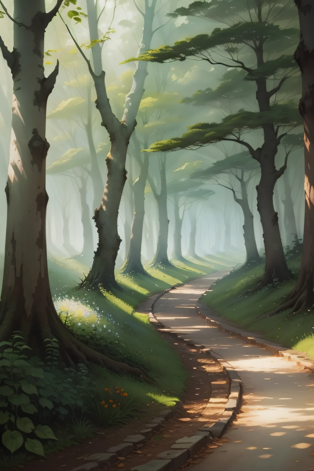 forest path,The roadside is full of flowers, Chinese watercolor style, k hd,aquarelle