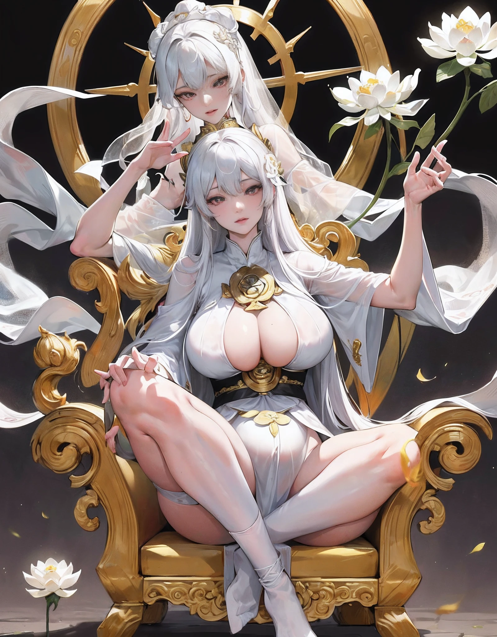 (Avalokiteshvara), Pudu sentient beings, Incarnation of sorrow, Buddhist deity, 1 mature woman, (pregnant mother), Nankai dojo, white silk robe, white socks, white ribbon, white veil, pale face, pitch-black long hair, black pupils, cross-legged meditation, ((super huge breasts)), mother, ((simple style, white lotus background)), Buddhist disciple, saving suffering, great compassion, Pudu sentient beings, extremely solemn, listening to the faithful in the temple, golden pupils, fair skin, meditating cross-legged, without desire and desire,Shaping the holy atmosphere, coiling dragon bun, boundless mana, ancient Chinese aristocracy, beautiful legs, gorgeous ancient Buddhist decoration, (a large number of exquisite white lotus ornaments), perfect flesh full of texture, , scorching rendering effect, jaw-dropping, captivating visual enjoyment, ((best quality)), ((masterpiece)), maximum definition, multi-layered texture, super detailed, illustration, (super detailed face), (perfect face), clear texture, fine texture, Ultra HD detail display, Excellent image performance, High-quality illustrations, perfectly fitting and harmonious tones, deep lines, precise brush strokes, with a strong sense of three-dimensionality and delicate wear, wonderful color matching, intricate details