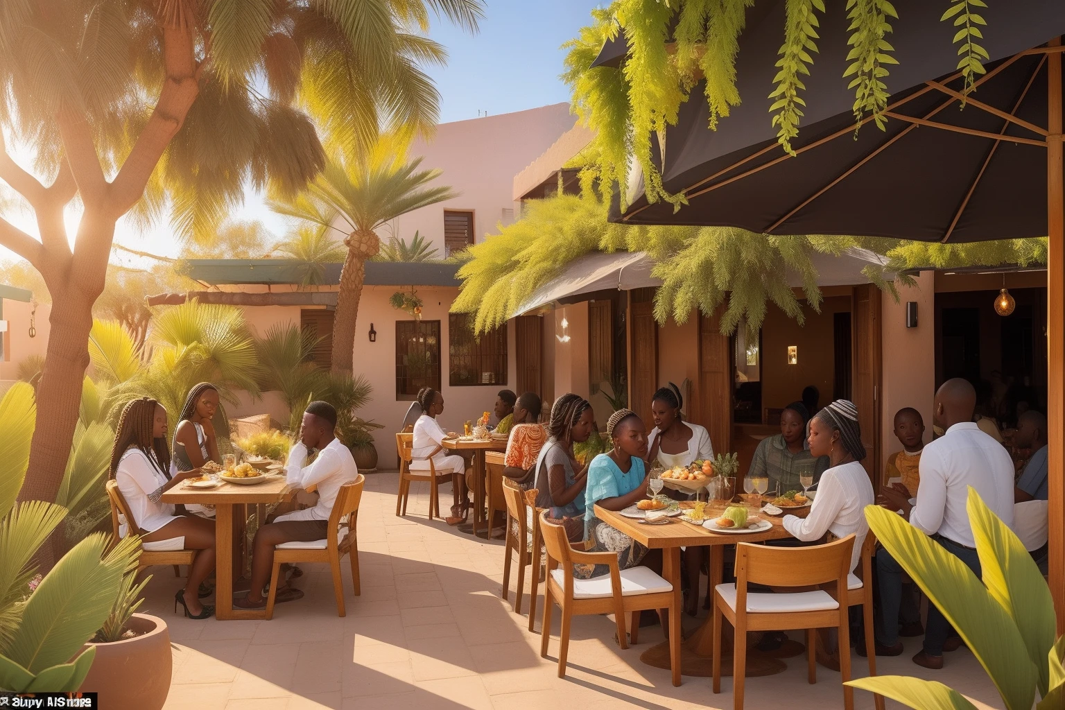 Year: 2021
Country: Namibia
Description: In a stylishly decorated open-air restaurant in Windhoek, a group of friends gather for a brunch. The sunlight filters through hanging plants, creating a tranquil ambiance as the friends enjoy their meal. The scene captures the essence of urban chic in Namibia's capital city.