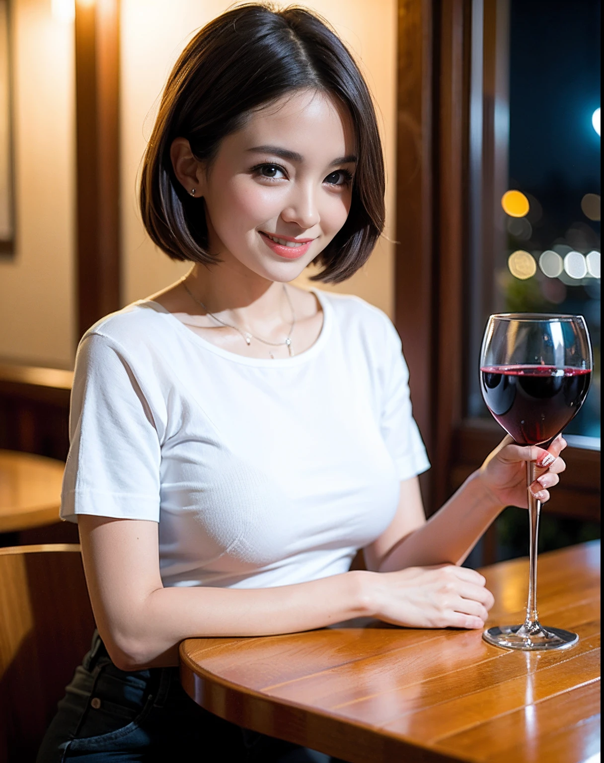 (64K, UHD, top quality, masterpiece: 1.2), (realistic, photorealistic: 1.37), super detailed, pretty woman 1 person, (slim face), (slim body), (brown hair), (short cut), cheeks slightly blushing, (44 years old), 38 years old, solo, beautiful detailed urban night view outside the window, restaurant, wine glasses sit, at night, in a prominent placeNovaFrogStyle, Actress, Model, Waist Up, White Wine, Slim, Wine Glass, Super Clean Night View, Wine Glass Put in the Middle, Happy Smile, (Smile: 1.15), Beautiful Fine Eyes, Upper Body, Bust Japan Up, Night, Short, Short, Actress, Model, Waist Up, White Wine, Slim, Wine Glass, Super Clean Night View, Wine Glass Put in the Middle, Happy Smile,