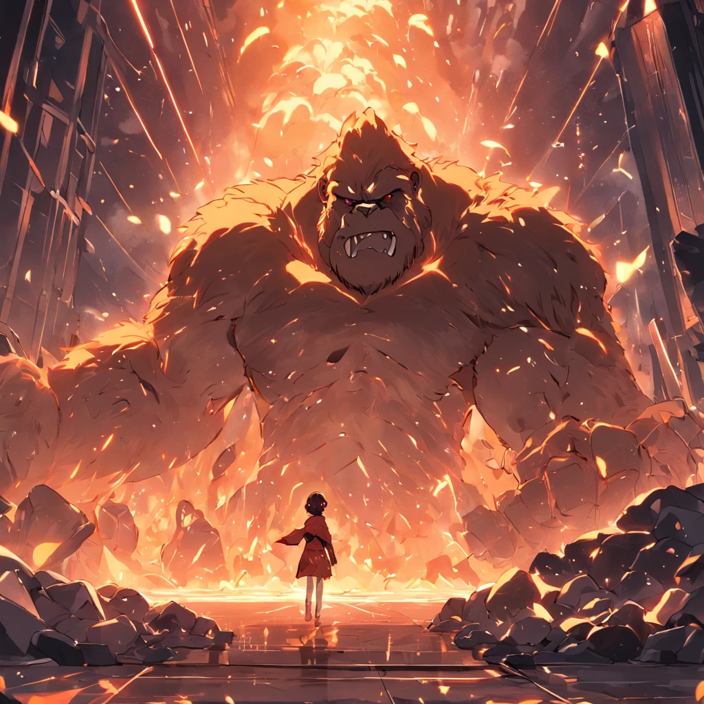 35mm f/28, Ultra-detailed full-length shots of giant golden gorillas playing in jets in an active volcanic environment, The surface is made of rocks