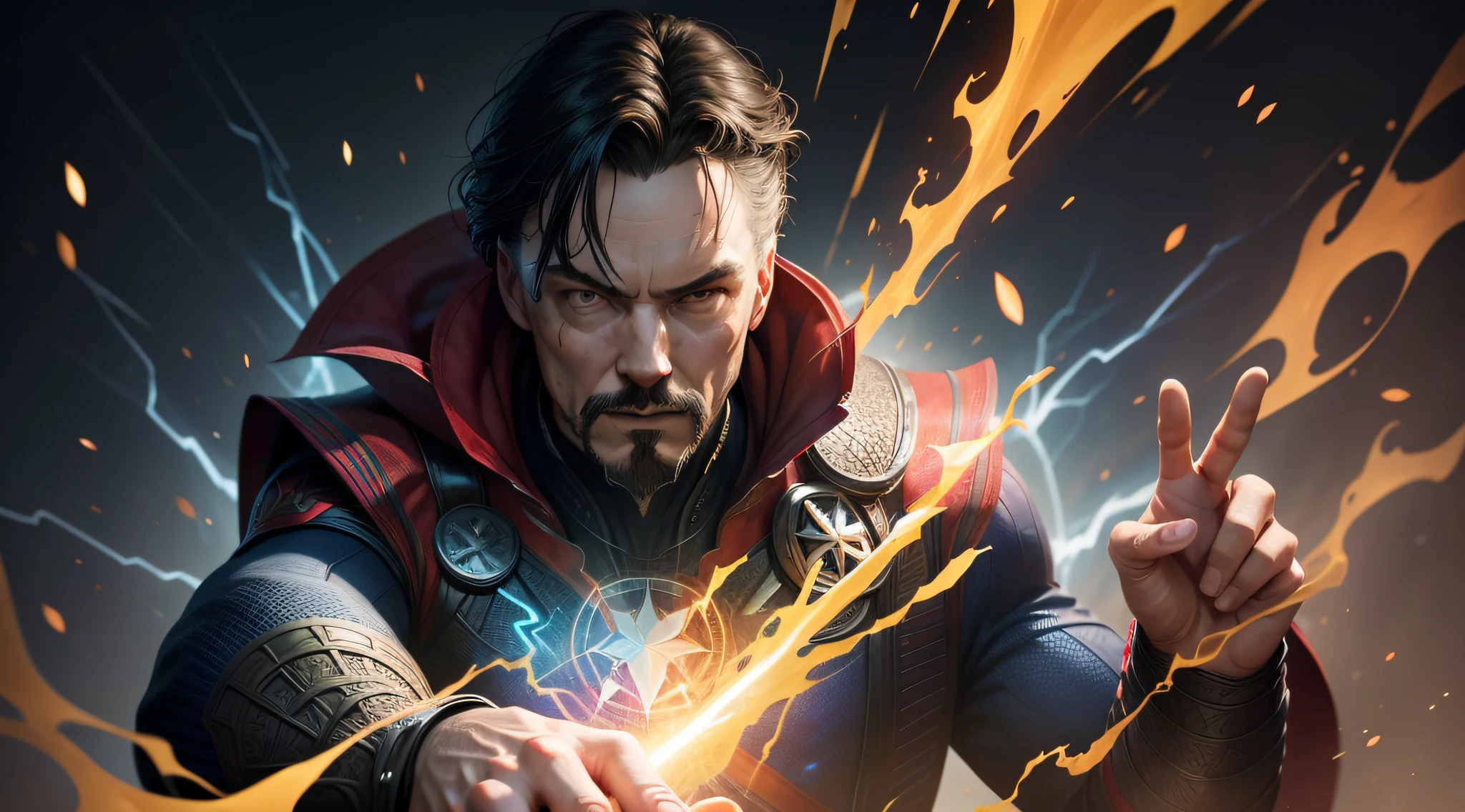 Dr Strange, realistic, full HD, 32k, beautiful vector illustration, vibrant color, spiderman on left back side, thor on right back  side, Dr stange on middle front, getting ready to fight