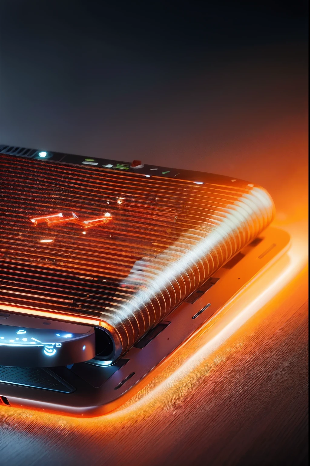 There is a laptop with a brown lid on the table, hyperdetailed crisp render, Technology, Liquid cooling, Copper, bottom angles, wrapped thermal background, Liquid cooling, 3 d product render, computer generated, Copper element, depicted as a 3 d render, smooth technology, 8 k detail, tanks, 8k detail, high resolution and detail,sense of science and technology,piercingeyes,Cool orange background,Vray rendering,Hyper-realistic rendering,future-tech,The device is made of translucent material,Cool background