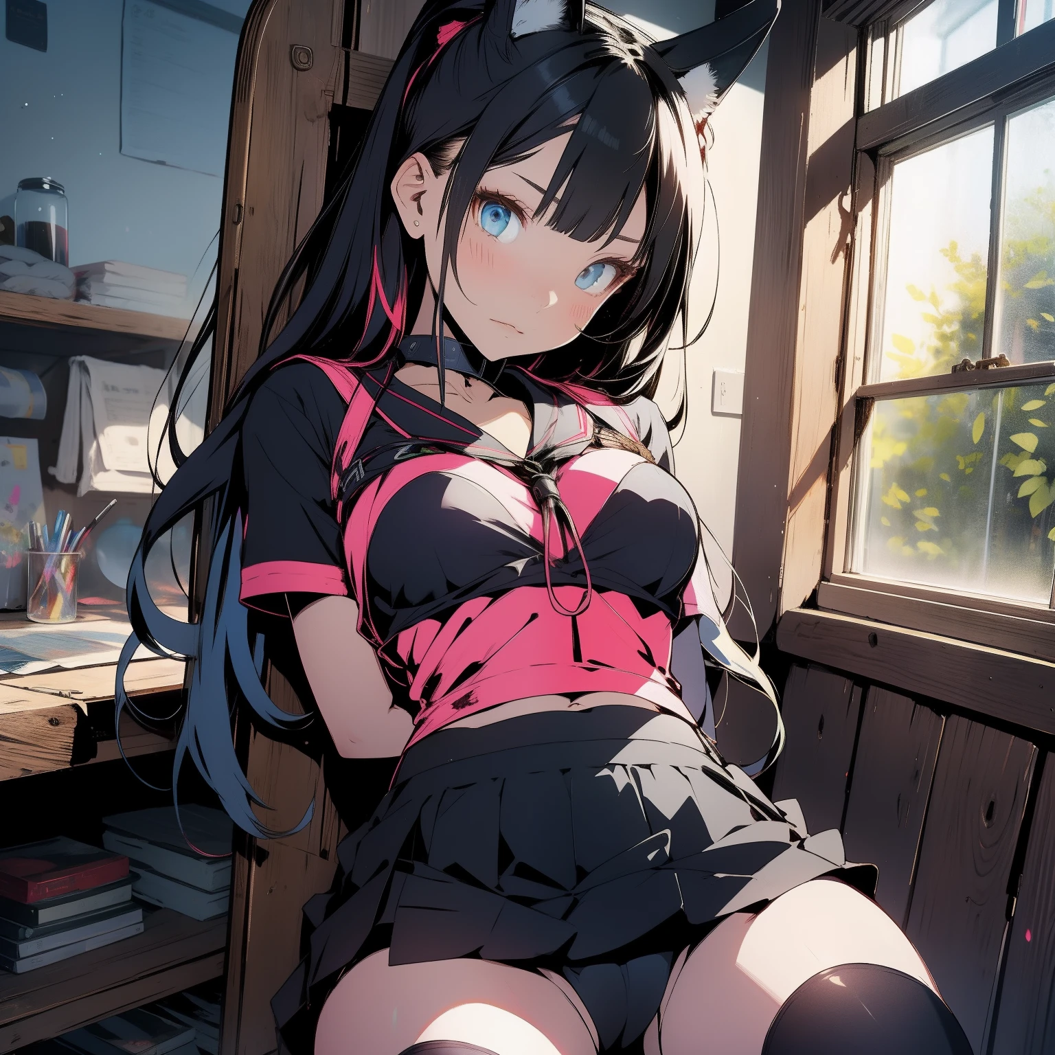 bound arms, arms behind back, rope, highres, highest quallity, bunnygirl, latex swimsuit, illustration, ultra detailed, (detailed face), (detailed eyes), soft lighting, best quality, hyper detailed, masterpiece, looking at viewer, angry, open mouth, 1girl, solo, ((crop-top, school uniform, black pantyhose, collar, skirt)), (colorful), full-body shot, shack, window, night,