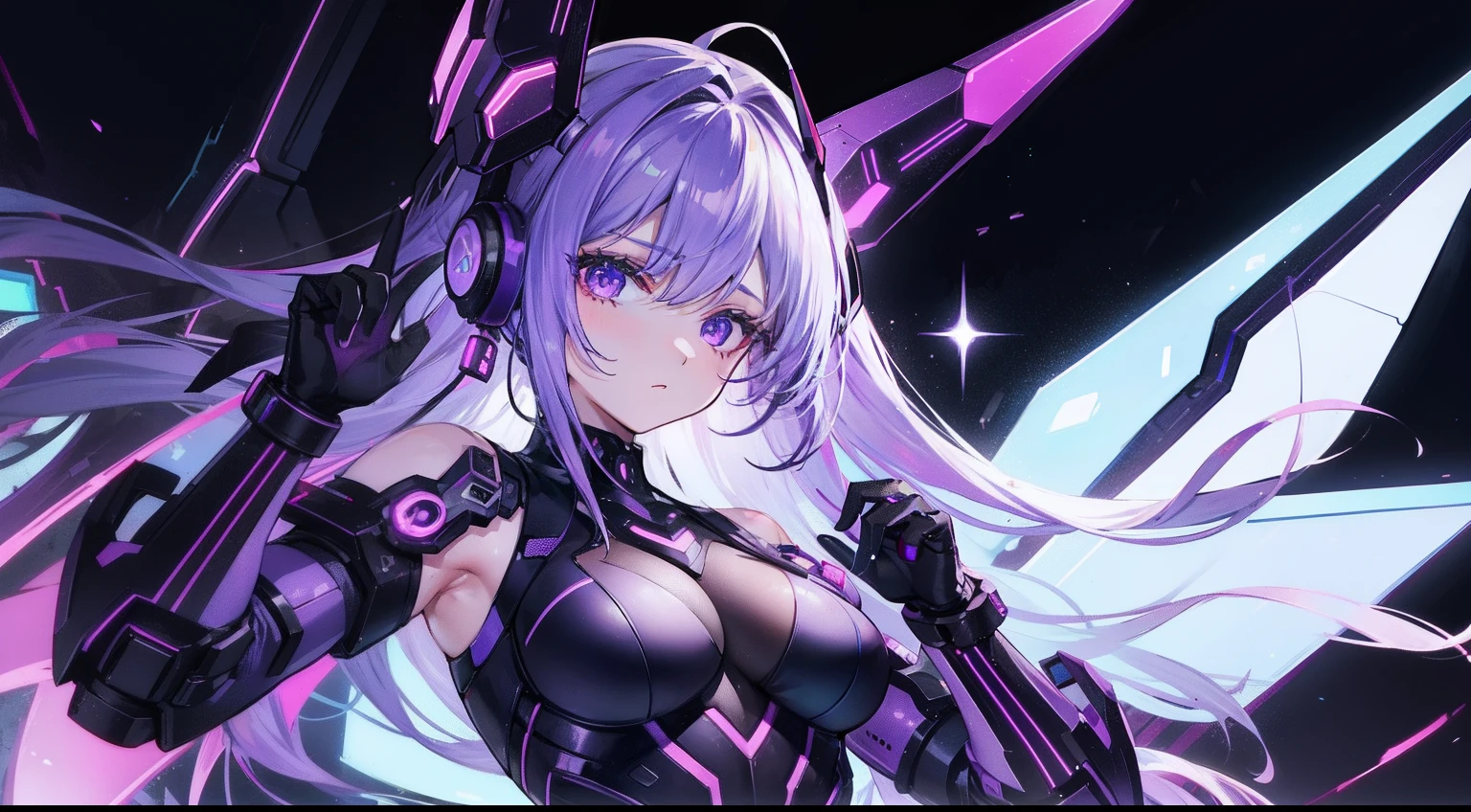 Cybernetic female, purple green accents,