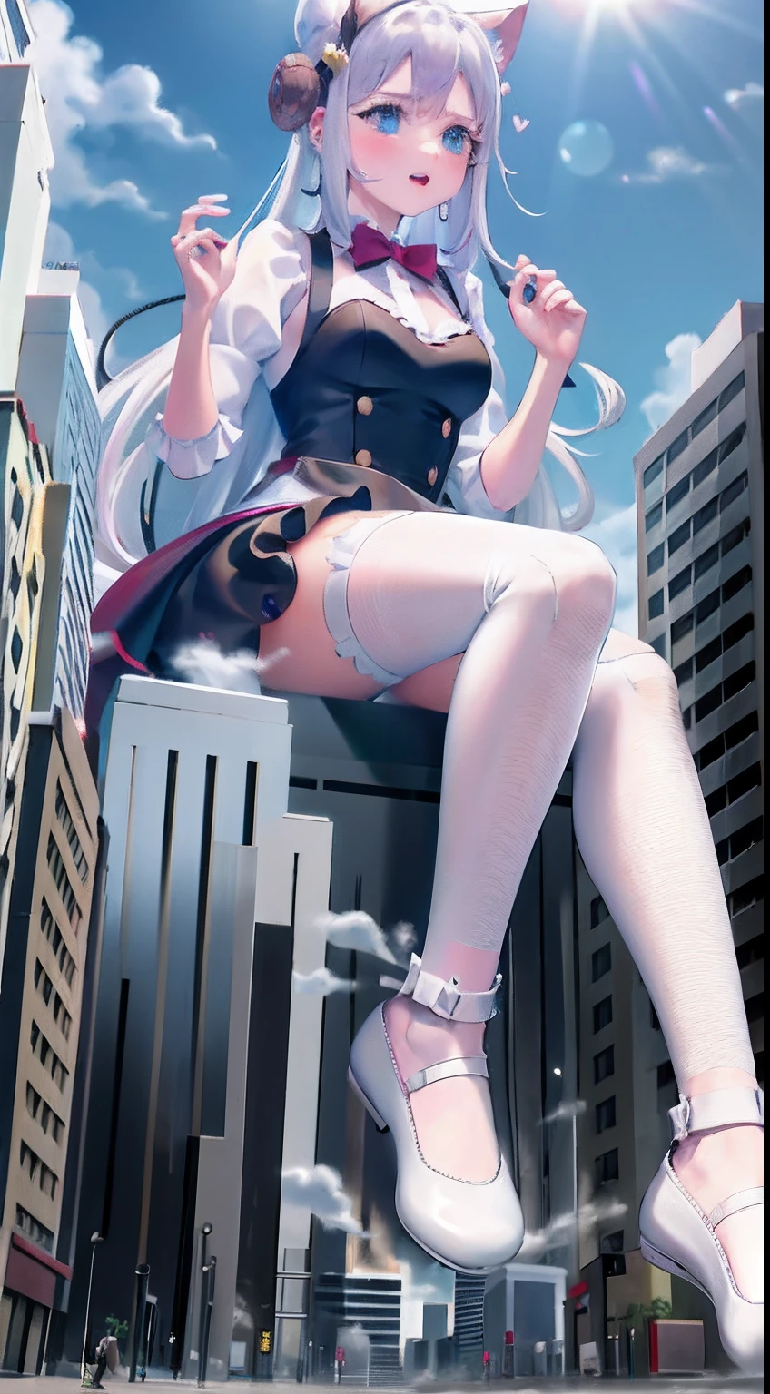 long white hair falling on miniature buildings, sailor suit,black stockings,blue eyes,Naked belly,bare neck from top to bottom,in a miniature city,Full body Esbian,step into a building,several kilometers high
