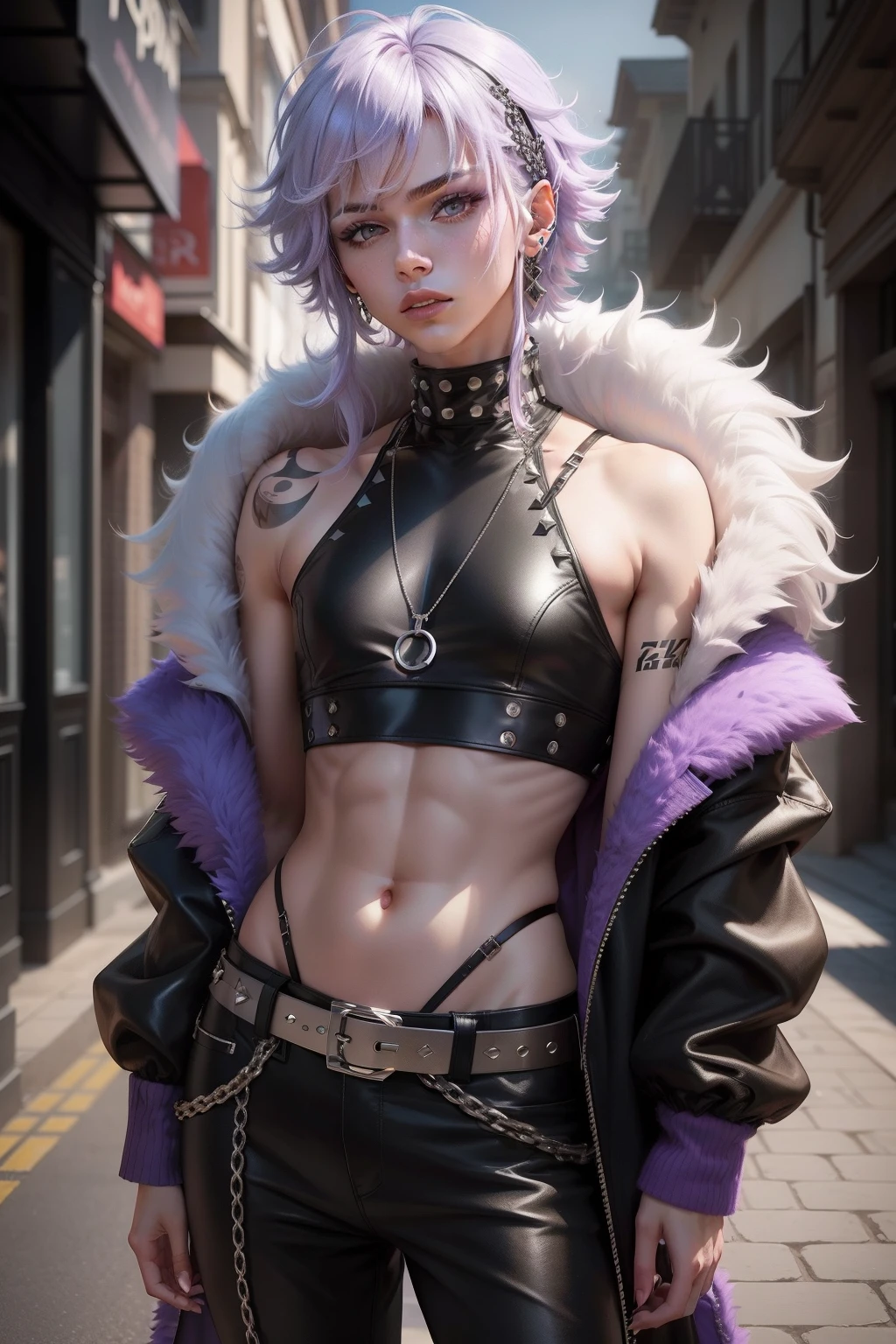 arafed non - binary model male, androgynous, androgynous femboy, beautiful androgynous femboy, androgyny, androgynous person, delicate androgynous prince, non binary model, beautiful androgynous prince, zac retz, lil peep, zero g pretty anime male with lilac hair and grey eyes, big fluffy hair, wolfcut hair, fluffy hair with thick bangs over eyes, deep navel, wearing black designer coat with studs, crop top and black pants with belt, fashionable, uzzlang male, techwear, purple and yellow accents, y2k, fashionable, uzzlang male