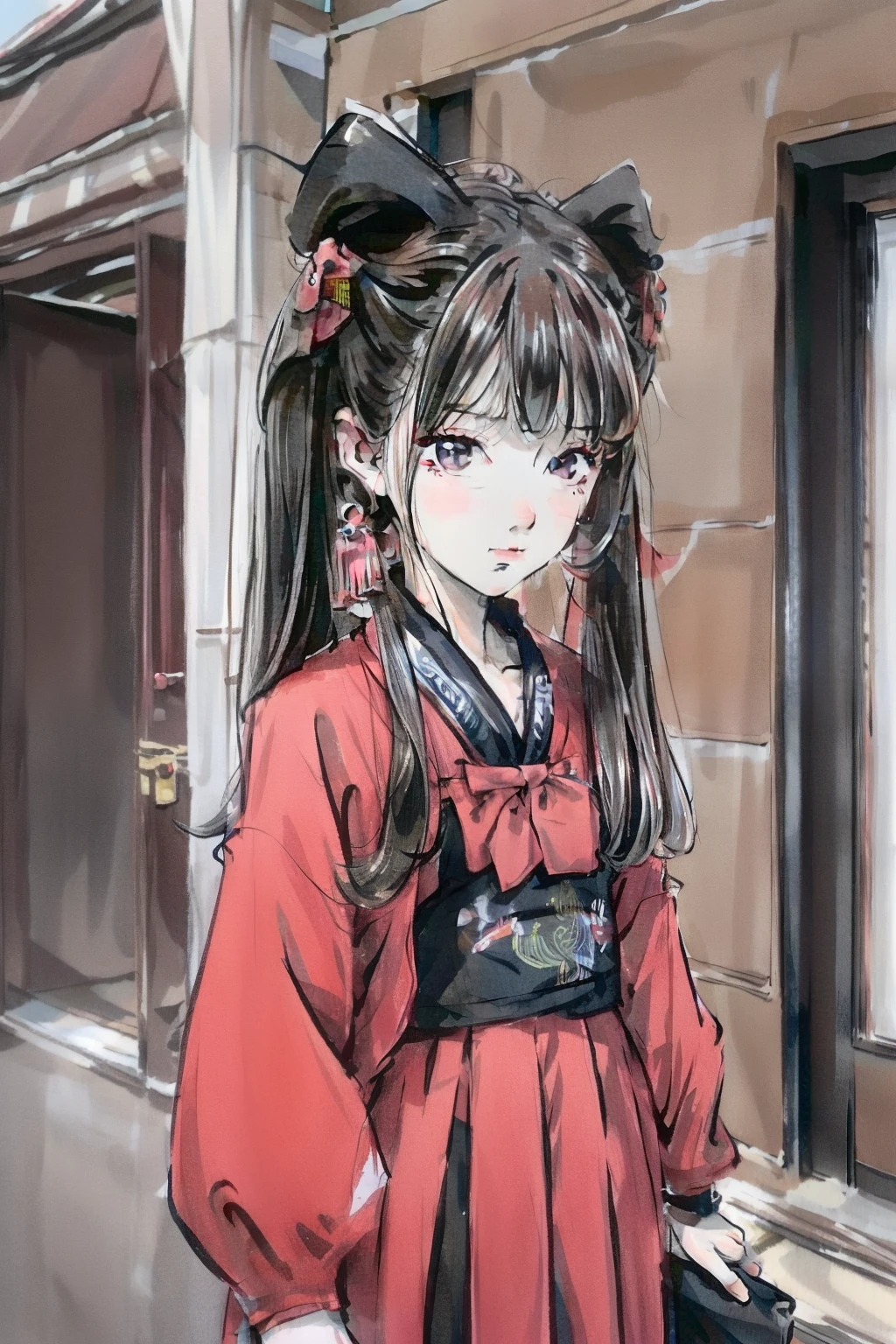 Anime girl in red kimono standing in front of a window - SeaArt AI