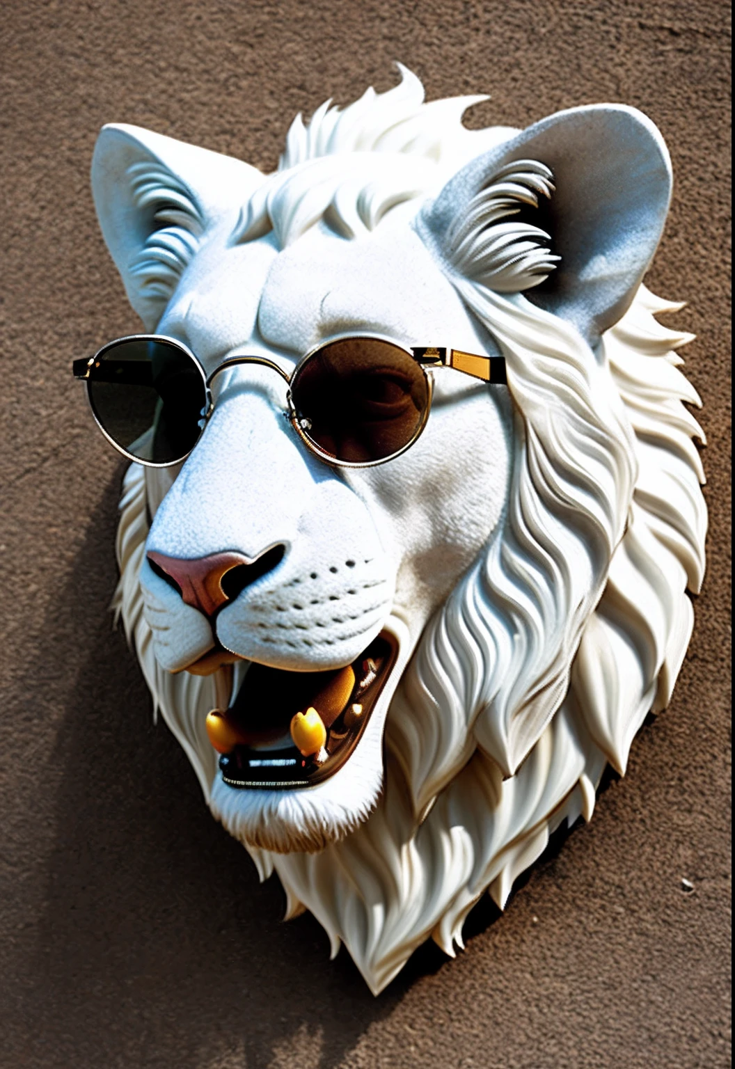 White lion head with dark glasses,mirando al frente, rugiendo mirando al frente, imagen en 3D, Warm image in 64K, centered position, staring directly into camera, octanaje renderizado, ultra detallado, Detalles intricados, iluminacion volumetrica, gran angular, motor irreal. 50mm photo-style lens, apertura F2.5