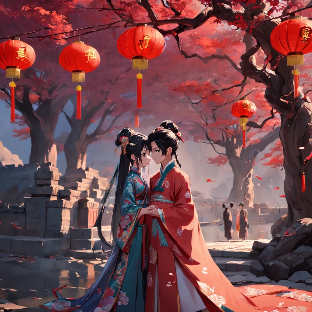 Ancient Chinese weddings，There are paper people，High sedan car，Red lanterns，Dead vine old tree， Chinese elements，tmasterpiece，best qualtiy，cinematic Film still from