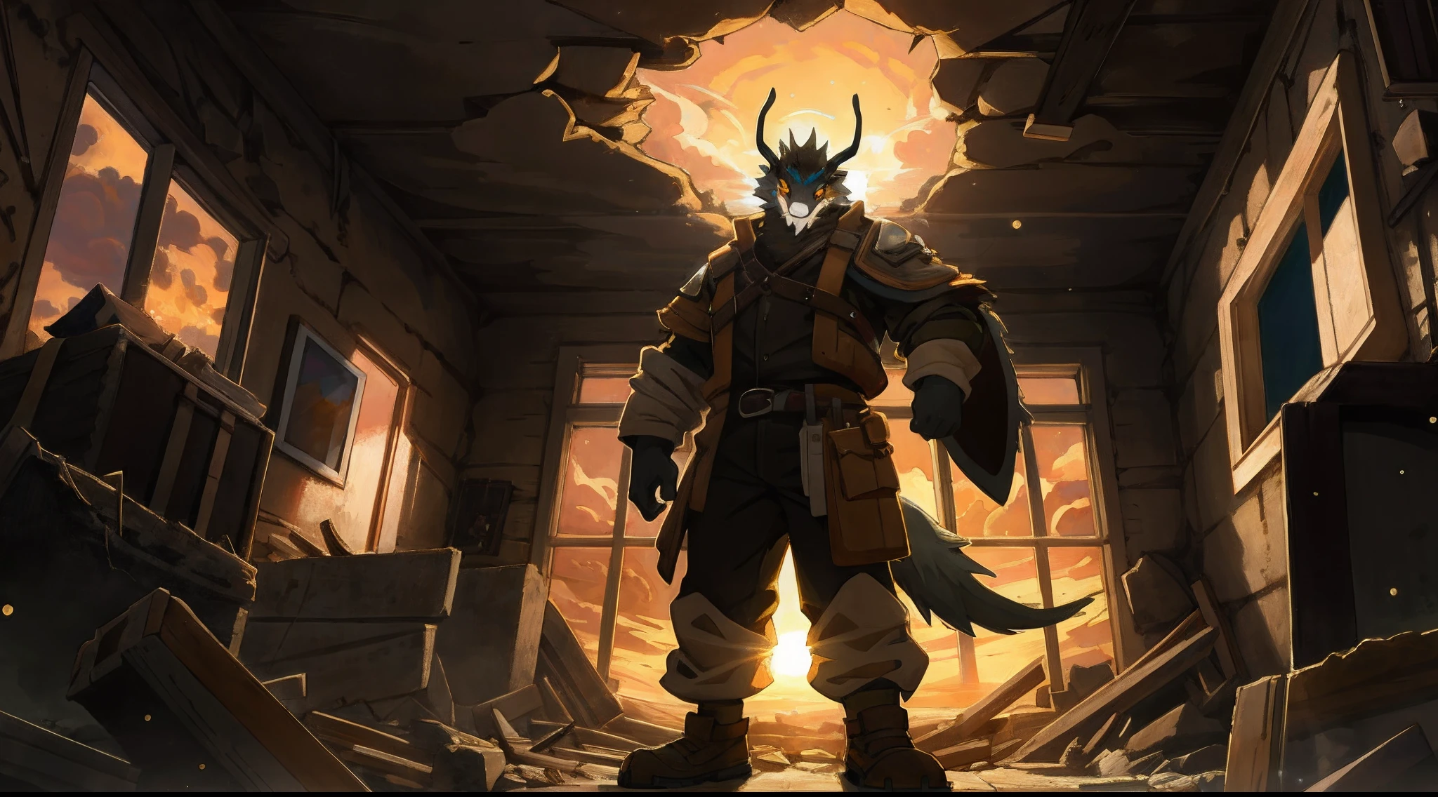 highres, top quality, best quality, paid reward available, High-quality illustrations, unparalleled masterpiece, perfect artwork, absurdres, animal creature standing in the center of a dimly lit room, Rubble, decayed room, Sunset through the window,  lens flare, dynamic lighting, cinematic shadow, dutch angle,