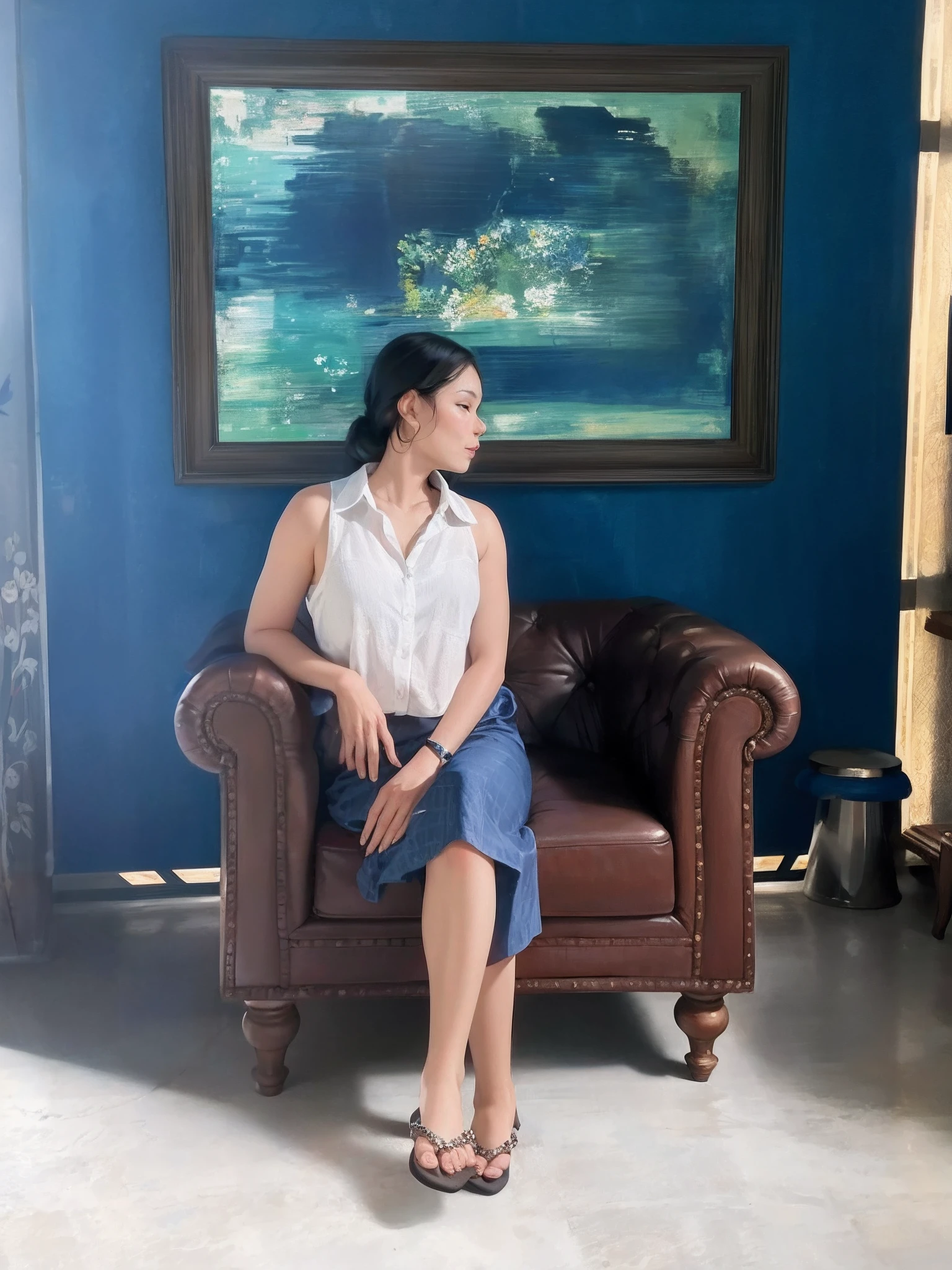 arafed woman sitting on a chair in a blue room, sitting on chair, sitting on vintage leather sofa, sitting in chair, portait image, inspired by Ruth Jên, full portrait, portrait image, mid shot portrait, sitting pose, siting in a chair, sitting on the sofa, inspired by Cheng Shifa, portrait pose, inspired by Zhang Yin