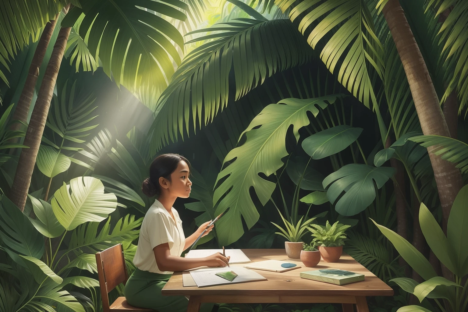 Year: 2016
Country: Nauru
Description: In the lush interior of the island, an adult artist sits on a vintage wooden stool, capturing the scenery on canvas. The vibrant greenery of the landscape provides a rich backdrop for the artist's creative process. Sunlight filters through the leaves, creating dappled patterns on the canvas and the artist's worktable.