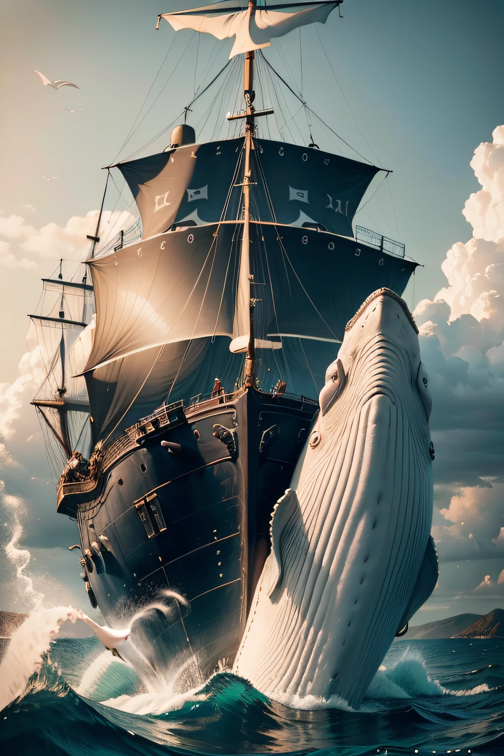 "Moby-Dick" the white whale, a novel by Herman Melville, photorealistic cinematic brilliant portrait, (((one white spermwhale swimming beside of the whaler sailship, Captain Ahab on deck of the whaler) looking down angrily on the sperm whale))), he is hunting for the white big white sperm whale on the stormy wild ocean, thrilling, dramatic, 4k, best quality, highest details, masterpiece, trending on artstation, masterful style