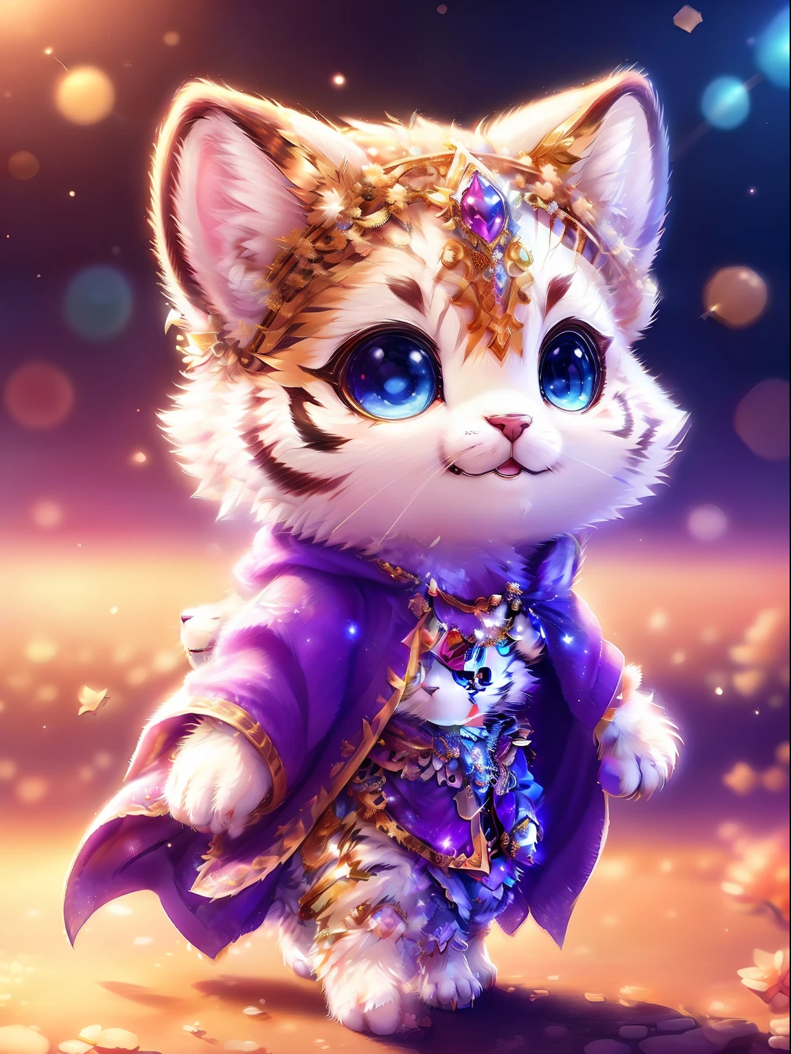 Cute little surreal white tiger with necklace warning eyes of different colors、Chibi、adorable and fluffy、Logo Design、comic strip、cinematic lighting effect、Attractive 3D vector art、Cute and quirky fantasy art、bokeh dof、handdraw、digitial painting、Soft lighting、Isometric style、4K resolution、photo realistic render、Highly detailed clean、Vector image、A photorealistic masterpiece、professional photograpy、Simple space background、Flat white background、 isometric、vibrant vector、Walking with the owner、cloaks、diadems、The sword、