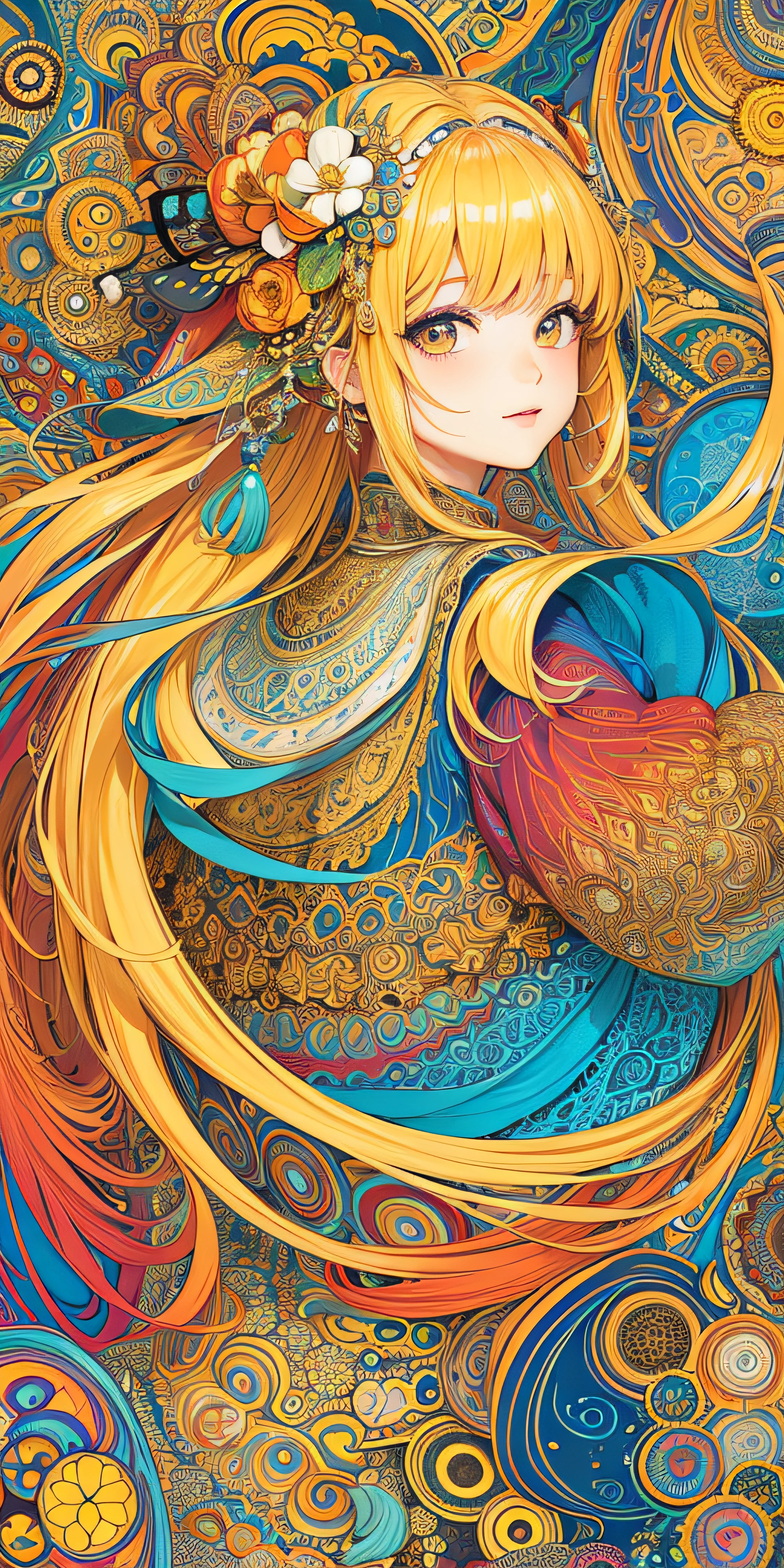 (Masterpiece, Top Quality, Best Quality, Official Art, Beauty and Aesthetics: 1.2), (1girl: 1.3), Very Detailed, (Fractal Art: 1.2), Long Yellow Hair, (Colorful: 1.2), Most Detailed, (Zentangle: 1.2), (Dynamic Pose), (Abstract Background: 1.5), (Traditional Clothing: 1.2), (Shiny Skin), (Multiple Colors: 1.4), Upper Body