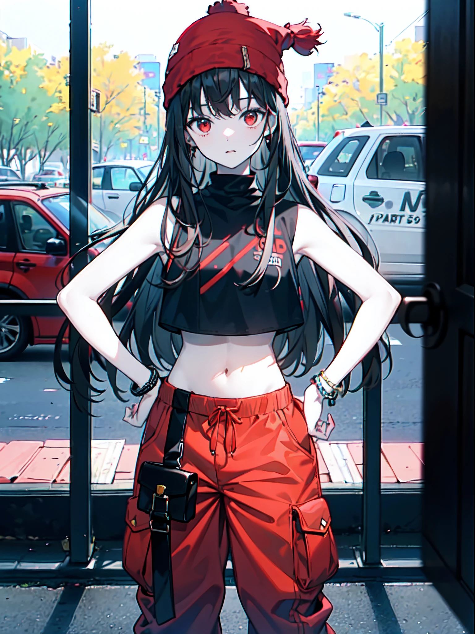 (masterpiece:1.2), (pale skin:1.2), (8k:1.2), (solo:1.2), (female:1.1), (emphasis lines:1.3), black hair, long hair, (red beanie:1.3), (crop top:1.1), (baggy pants:1.2), hip hop, (bracelets:1.1), outdoors, (park:1.1)