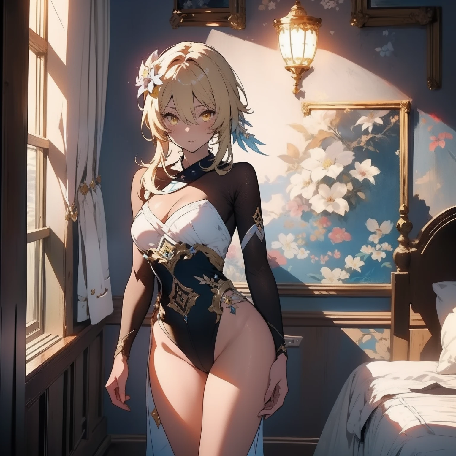 (masterpiece, best quality), beautiful girl, Lumine from "Genshin Impact", medium breasts
luminedef, standing in her room, (detailed beautiful eyes) medium body shot, blonde, short hair, yellow eyes, ultra detailed yellow eyes, full-body shot,