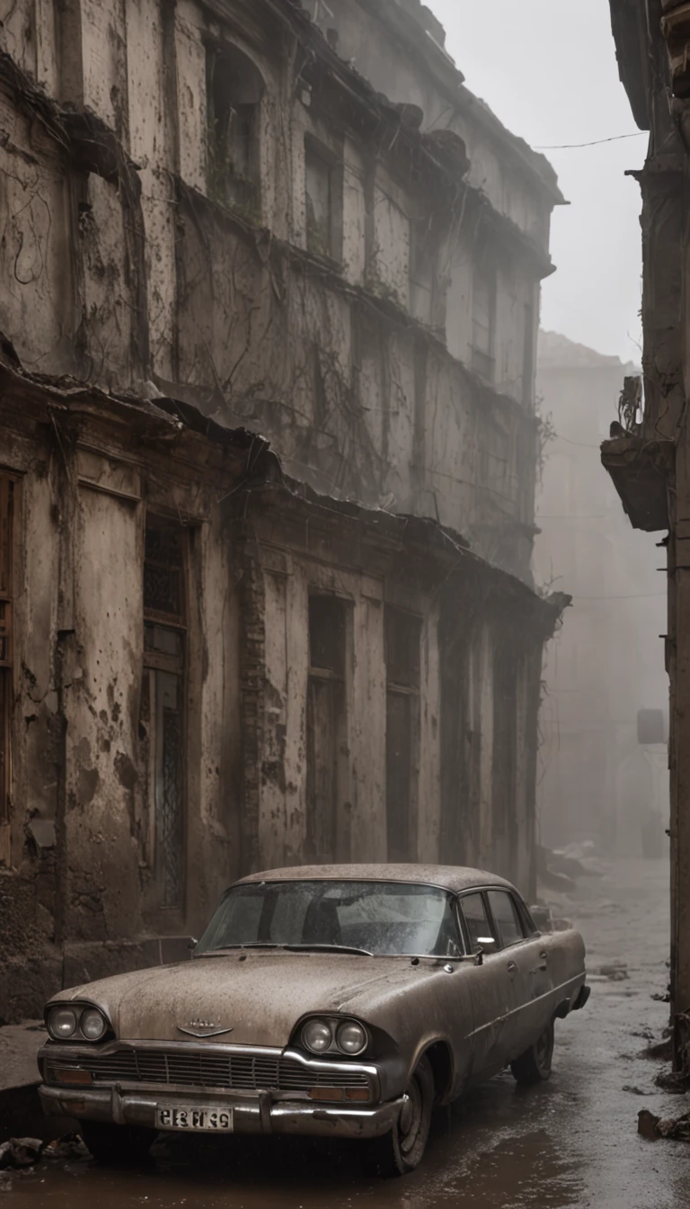 Broken city,Rubble-strewn streets,Broken vehicles,dark cloude,very heavy rain,Heavy fog,salama,There are large water stains on the ground,Vines on the windows of the house,cinema shot,the complex background,Old times, ((Masterpiece: 1.3)), 8K