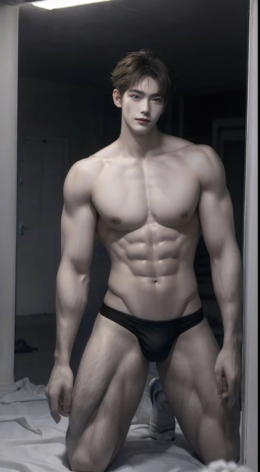 (((Best quality))),(((Ultra detailed))),(((Masterpiece))),(Cute tall Shota:2),The height of a volleyball player,solo person,(full bodyesbian:3),(Stay away from the lens:3),Expose your legs,Bare topless,Bare lower body,(revealing the whole body:2),(Frontal heads-up view:1.2),malefocus,(looking at viewert),ers old,(Tall:3),(Tall guy:2),Super tall,(Height 300 cm:2),Excellent body proportions,muscular physique,(1.The shoulders are 5 times wider:1.2),(Slender straight legs:2.5),Slender feet,small heads,musculous,(The face of the animated male protagonist),Pure face,(Very detailed beautiful face and eyes:2),(Big bright eyes:1.2),Sharp eyeliner,Clear and beautiful face,,exhilarated,(Happy smile:2),short detailed hair,(Correct facial features),(tilts your head:1.5),(White thong:2),whitestocking,(Muscle firming:2),Strong,(Wide shoulders and narrow waist:2.2),Sports men's socks,Detailed muscle texture,Highlights muscle structure,At home,(He was kneeling on the ground:4),(full length shoot),ultra-realistic realism, (Photorealistic detail), Incredible accuracy, lifelike textures, masterful technique, Jaw-dropping precision, artistic dedication,(anatomy correct),Good lighting,exquisite detailing,Best quality,stunning masterpiece,CG,(Colored screen)