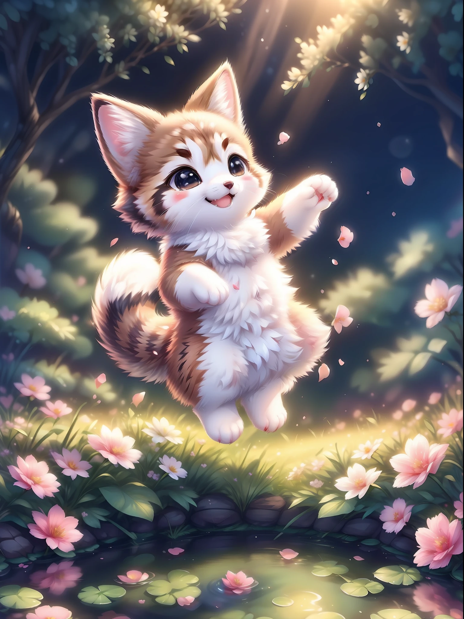 Complex background, Beautiful lighting, deepshadow, Best Quality, masutepiece, 超A high resolution, Photorealistic, lots of fine detail, Soft colors, Volumetric lighting, scifi, Contrasty:0.5, Solo:1.4, (main visuals_coon:1.2), (corgi:0.8), Cute, animal, forest, tussock, willow trees, flower petals, ultra fluffy, cutemaomao、playing in the water、Chii、Playing in the pond、jumpping、