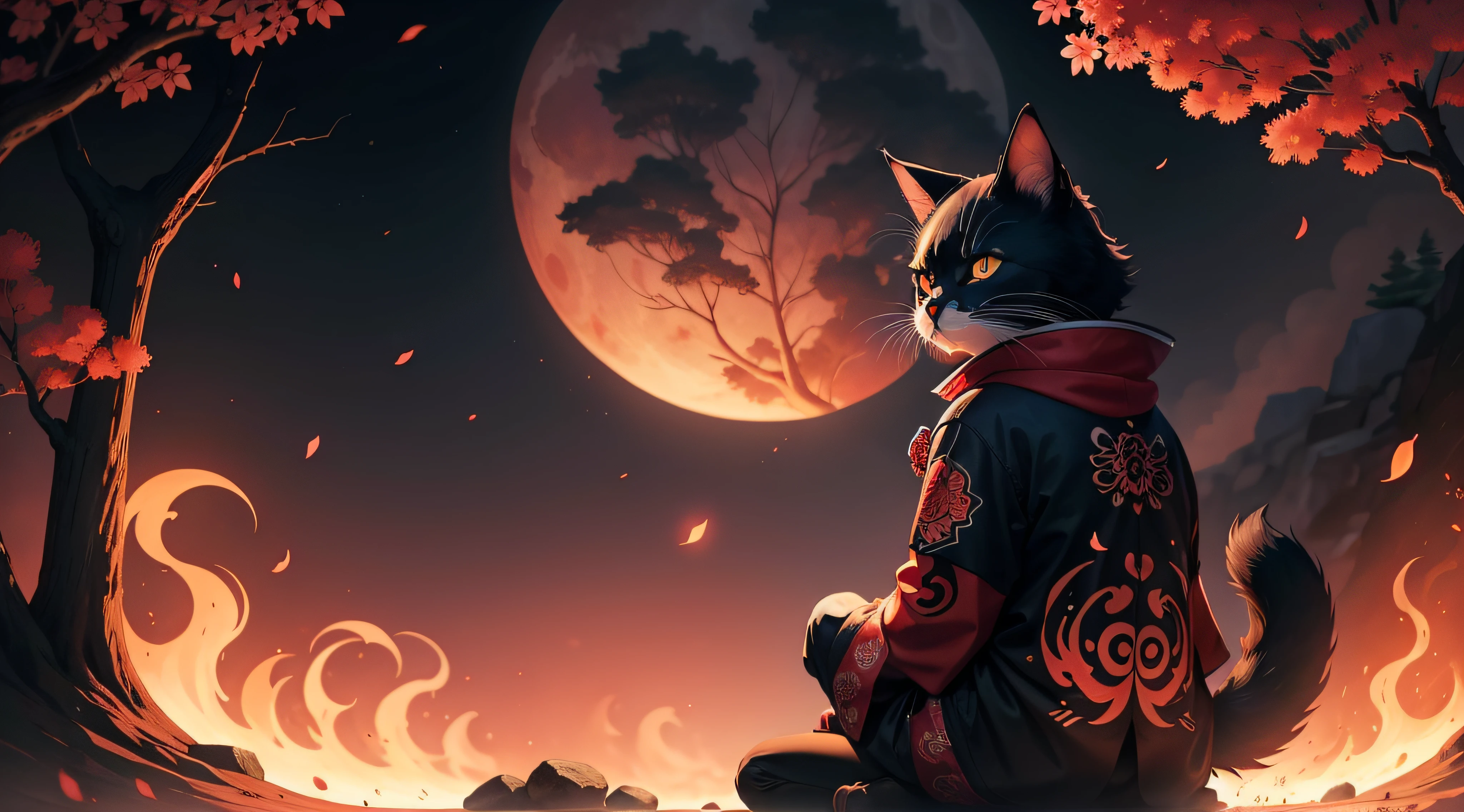 A samurai cat remains under the fiery red moon, cherry blossom tree background, tattoo design