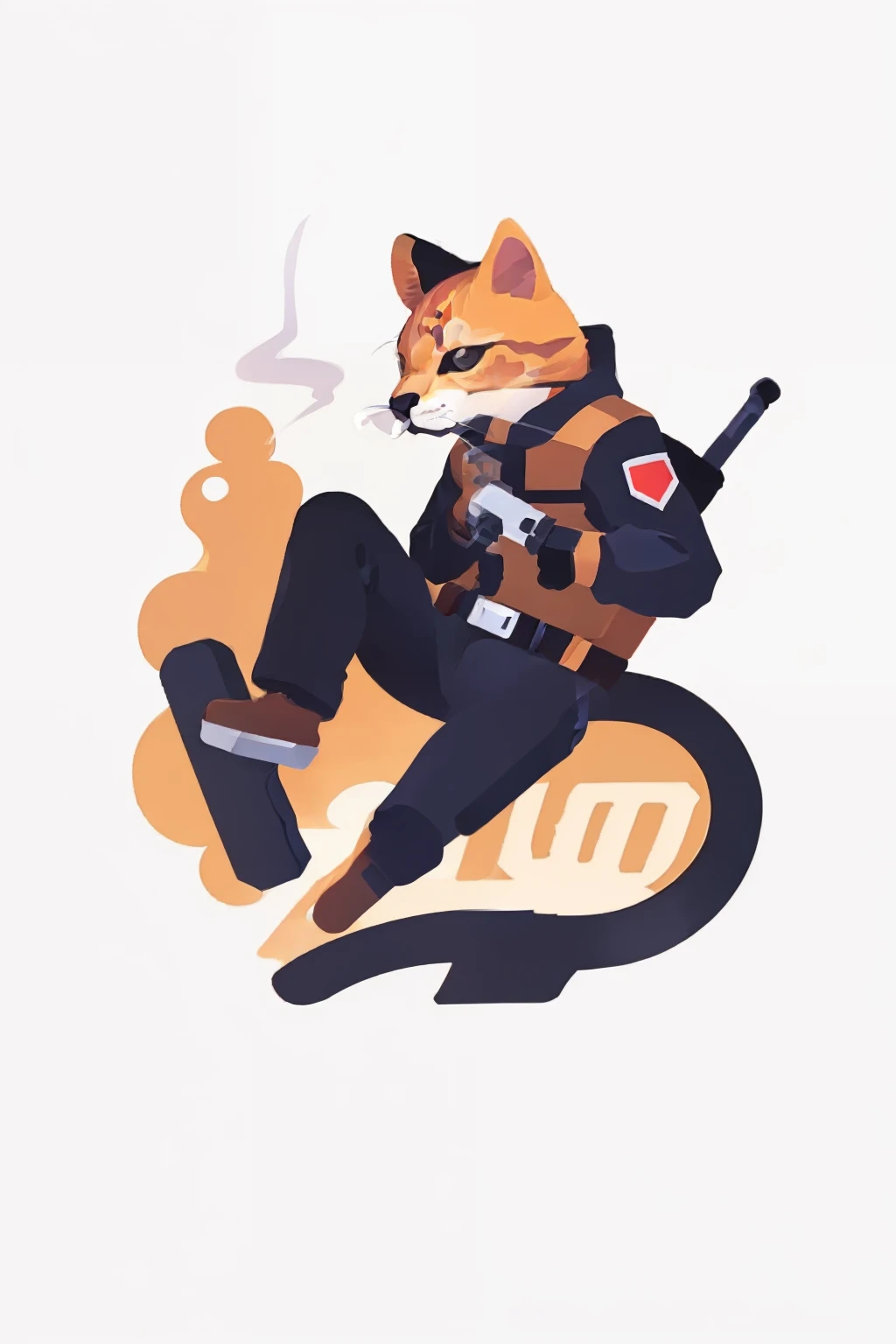 Cartoon pattern，The head is a kitten，Wearing armed uniforms，Smoking a cigarette，Hold the revolver in one hand，Aim and shoot，Below the pattern is the English character CATSON。