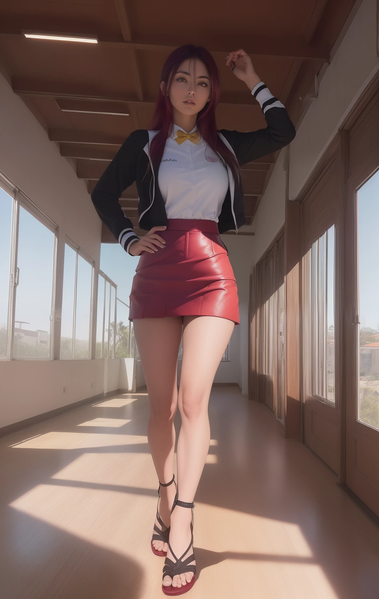 ((((Full body))))(Obra maestra, La mejor calidad, alta calidad, Ilustraciones profesionales, Detalles intrincados, field of view, foco nítido, Pintura detallada, cinematic lighting, Tendencias en Pixiv, (vivid illumination, colores vibrantes, por por Nagasawa Rosetsu),
Hiroko Takashiro, (hembra madura, Milf:1.2), solamente, (curva:1.15), Manos en la cintura, Classroom, ventana, Cielo , (perfil:0.7), Mirando al espectador, tacones negros, (((( red miniskirt))))
(Pelo rojo:1.05), Cabello largo, lipstick, maquillaje, Cabello ultra detallado, Cara ultra detallada, (purple eyes:1.05), ojos perfectos, Cara perfecta, Pendientes, (confuso, sonrojarse:1.2),
(camisa:0.9), (chaqueta:1.15), (muslos negros, liguero:1.1), (Zettai Ryouiki:0.8), pencil skirt, Uniforme escolar, escote, grande, Muslos, caminando en una escuela