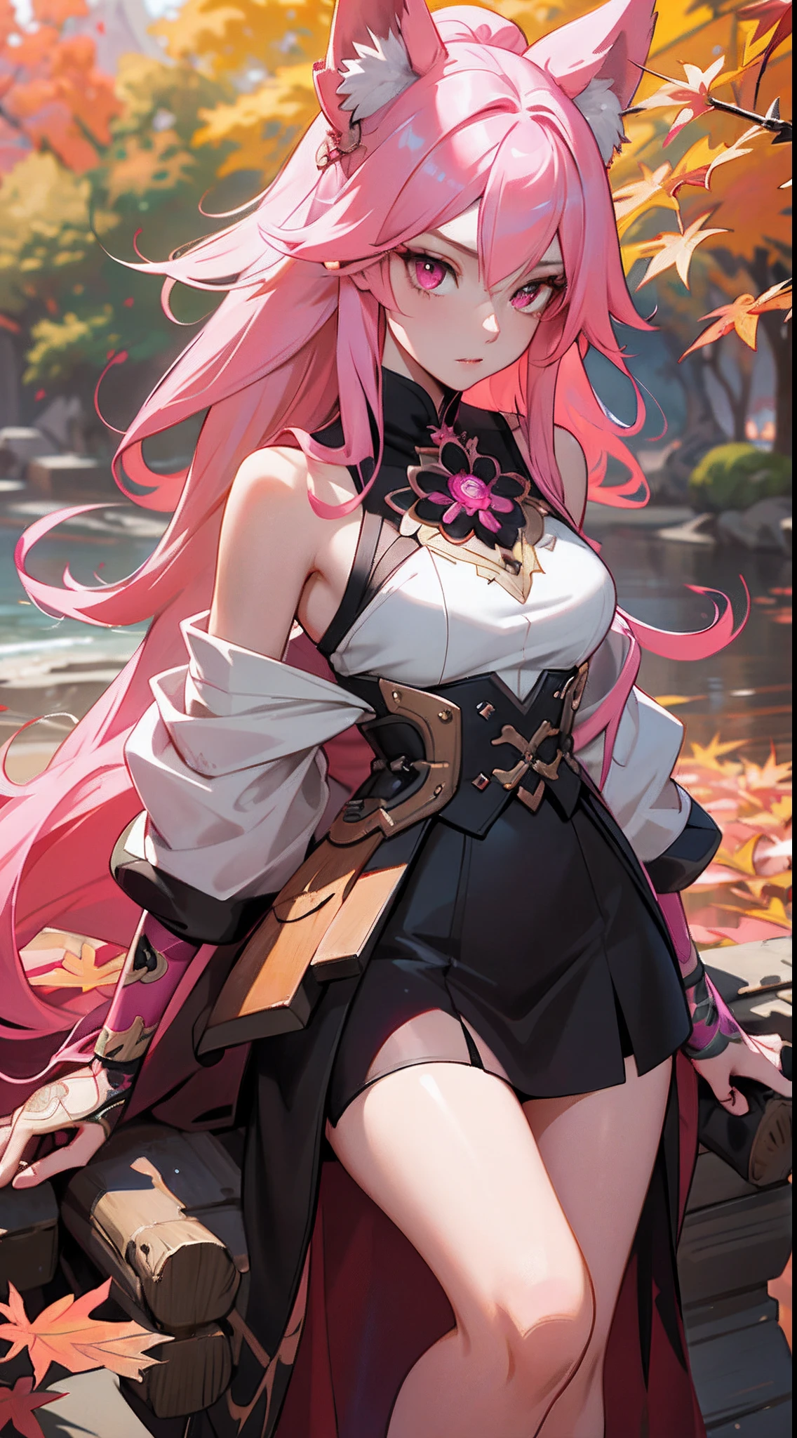 Close-up of woman with long pink hair, pink eyes , pink fox ears, Autumn theme, autumn,beautiful character painting, artwork in the style of guweiz, epic exquisite character art, stunning character art, guweiz on pixiv artstation, Masterpiece,Best Quality,official arts,extremely detailed CG unity 8k wallpaper,.