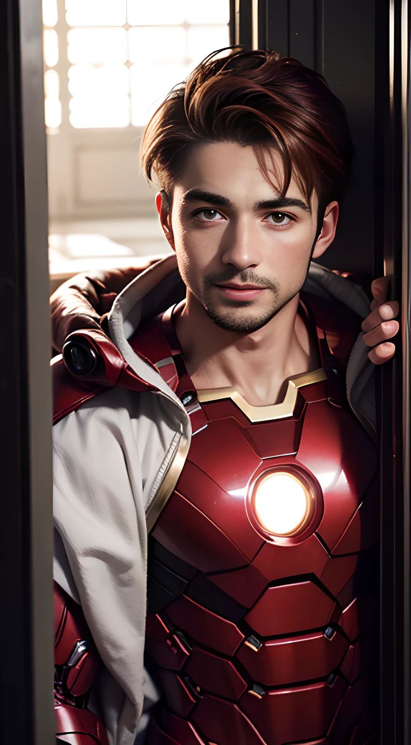 ((Men only)), (head shot), ((showing his abs)),  (Handsome muscle man in his 20s), (smile), (IRON MAN), (Pietro Boselli), (red hair), (detaile: 1 in 1), Natural muscles, HIG quality, beautidful eyes, (Detailed face and eyes), (Face、: 1 / 2), Noise, Real Photographics、... ..................................................................................................................PSD, Sharp Focus, High resolution 8K, realisitic & Professional Photography, 8K UHD, Soft lighting, High quality, Film grain, FujifilmXT3