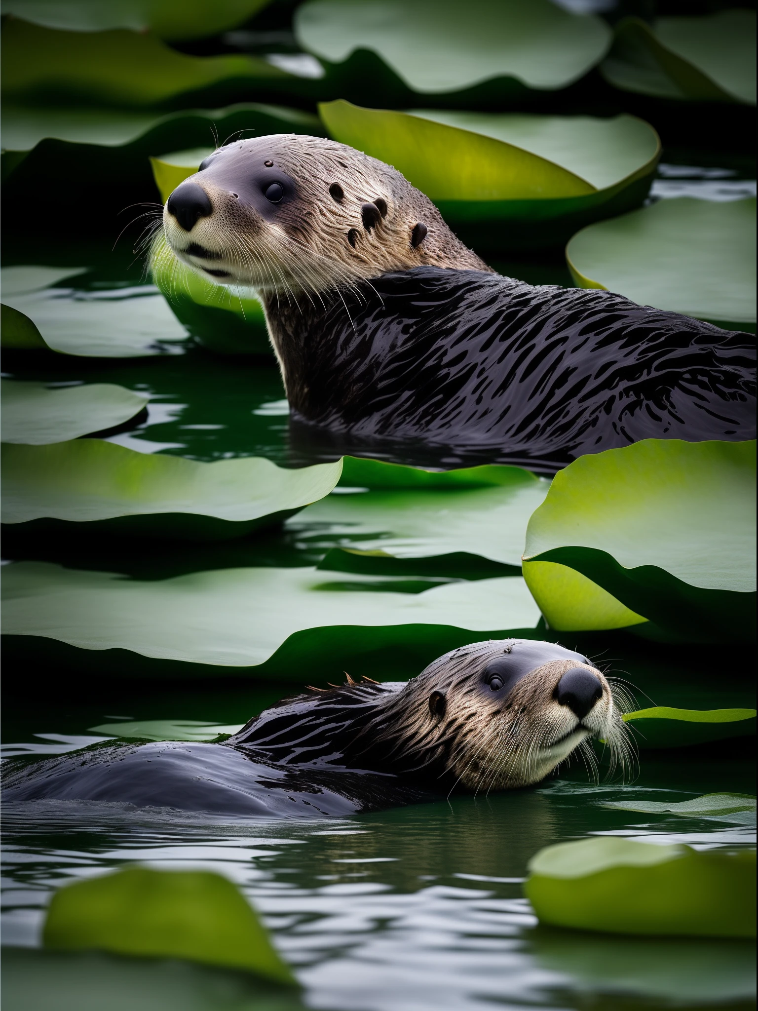 A sea otter swims on the water,Lotus leaf,The water is clear and clean,Super realistic, RAW photo, (8K、top-quality、tmasterpiece:1.2)、(intricately details:1.4)、(Photorealsitic:1.4)、Complex 3D Rendering Ultra Detail, vibrant detail, super detailing, Photorealsitic