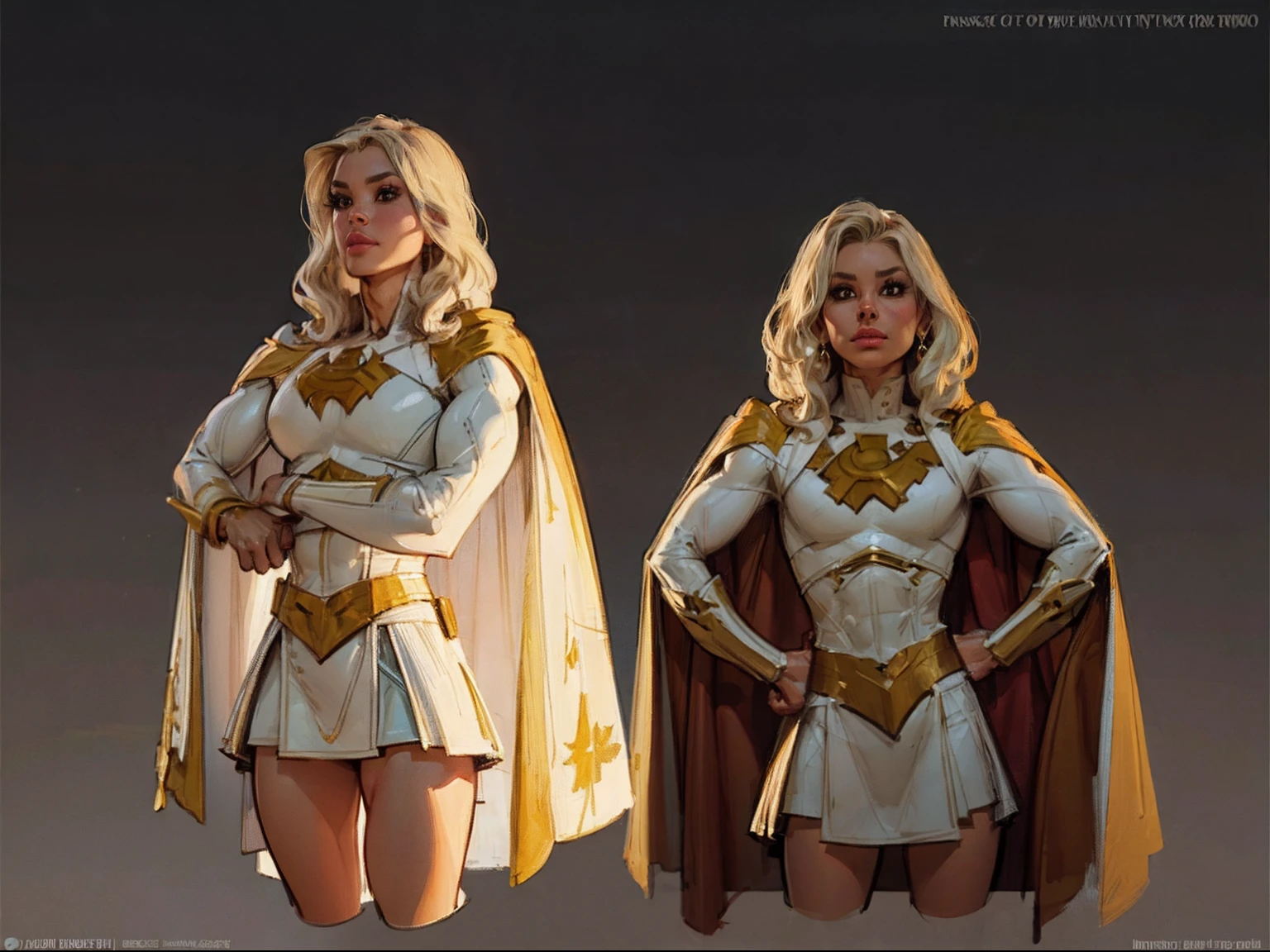 ((masterpiece)),(((best quality))),((character design sheet)), illustration,1woman, ((starlight:1.2)) theboys, environment Scene change, muscular, (brown skin:1.4), (black legs), thick legs, (royalty cape:1.5), scribbles and marks, fire, ((detailed face:1.1)), rough sketches, pose too, platinum blonde, black and gold color palette, 8k,16k, (simple background, light background: 1.3)