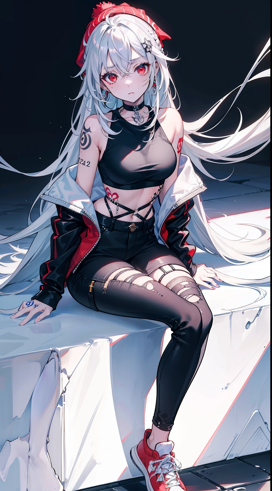 (masterpiece,bestquality,highlydetailed,ultra-detailed), 1girl,bishoujo,stare,red eyes,beautiful detailed eyes,long hair,white hair,silver_hair,Wing-like bangs,Dull hair,ahoge,Hair rings,braid, cold,Full Length Shot(FLS),stylish girl, edgy outfit, black leather jacket, ripped jeans, (sneakers), (beanie), (choker), (tattoos), (dark makeup),, (hoop earrings), confident expression