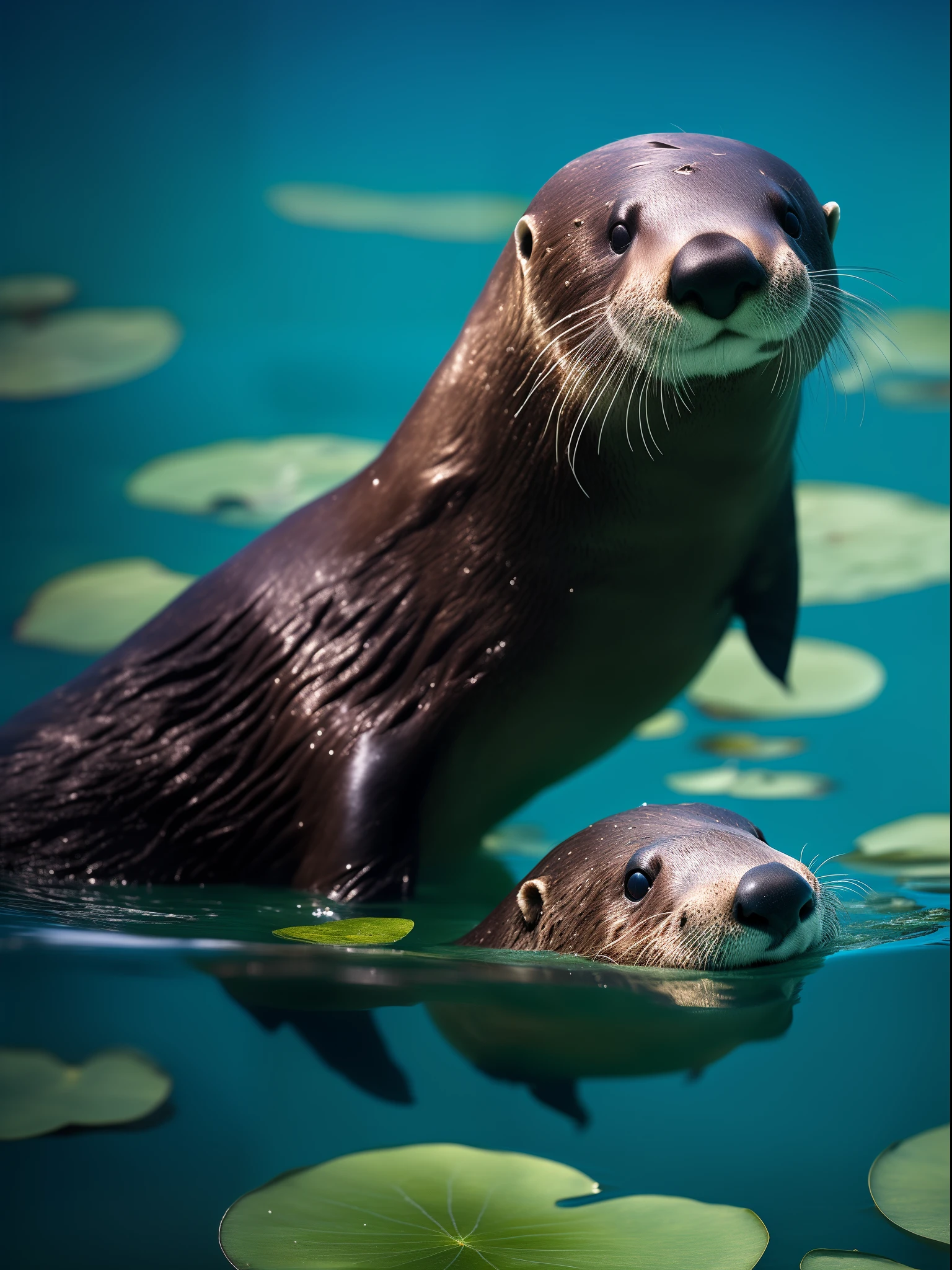 A sea otter swims on the water，Lotus leaf，The water is clear and clean，Super realistic， RAW photo, (8K、top-quality、tmasterpiece:1.2)、(intricately details:1.4)、(Photorealsitic:1.4)、Complex 3D Rendering Ultra Detail, vibrant detail, super detailing, Photorealsitic