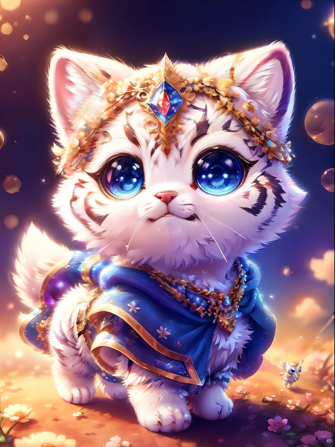 Cute little surreal white tiger with necklace warning eyes of different colors、Chibi、adorable and fluffy、Logo Design、comic strip、cinematic lighting effect、Attractive 3D vector art、Cute and quirky fantasy art、bokeh dof、handdraw、digitial painting、Soft lighting、Isometric style、4K resolution、photo realistic render、Highly detailed clean、Vector image、A photorealistic masterpiece、professional photograpy、Simple space background、Flat white background、 isometric、vibrant vector、Walking with the owner、cloaks、diadems、The sword、