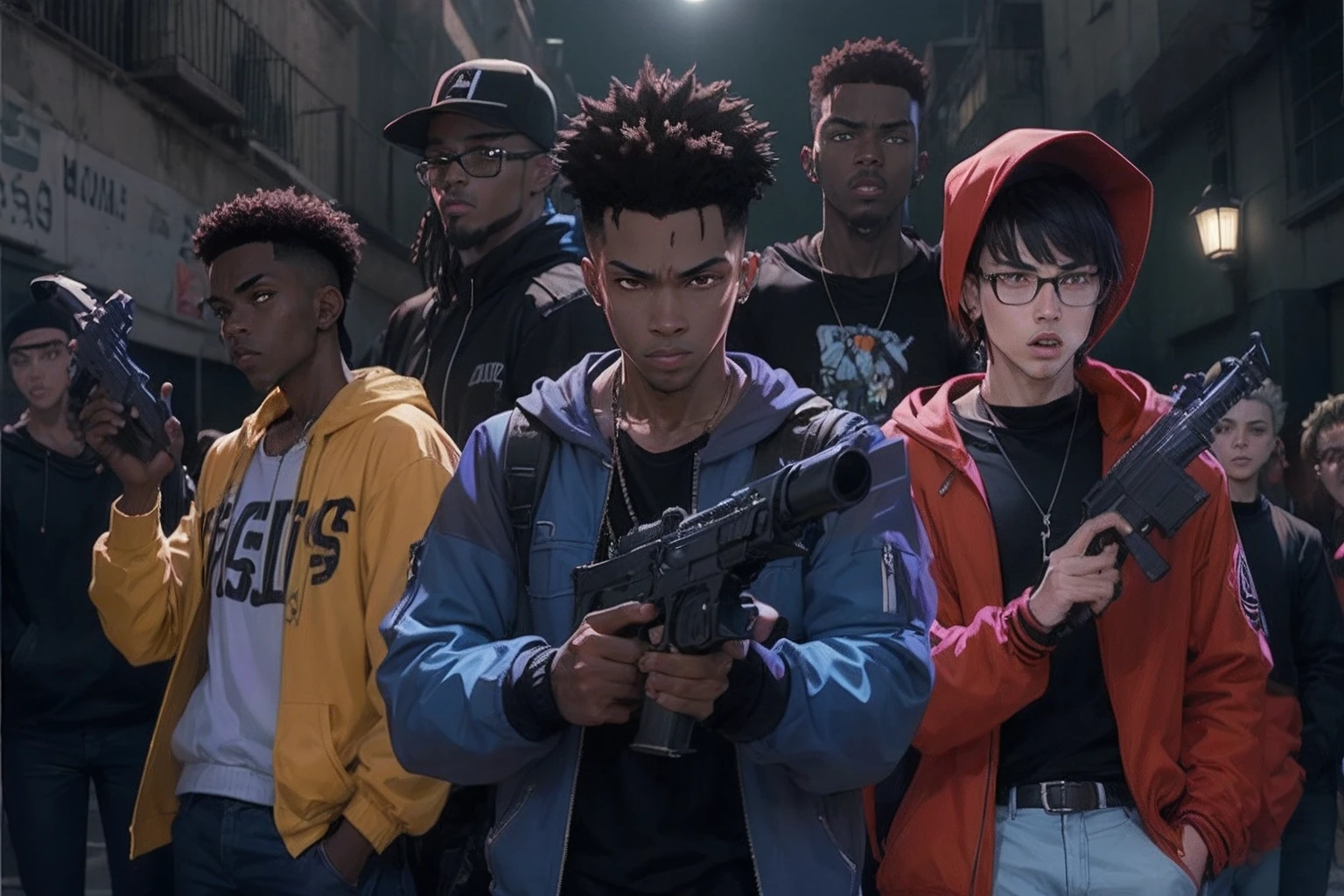 90s anime style black guy holding a gun in front of his gang, anime style black guy holding a gun in front of his gang, black guy holding a gun in front of his gang, black guy holding a gun with flash paint on it, he is wearing a black hoodie, he is holding a gun