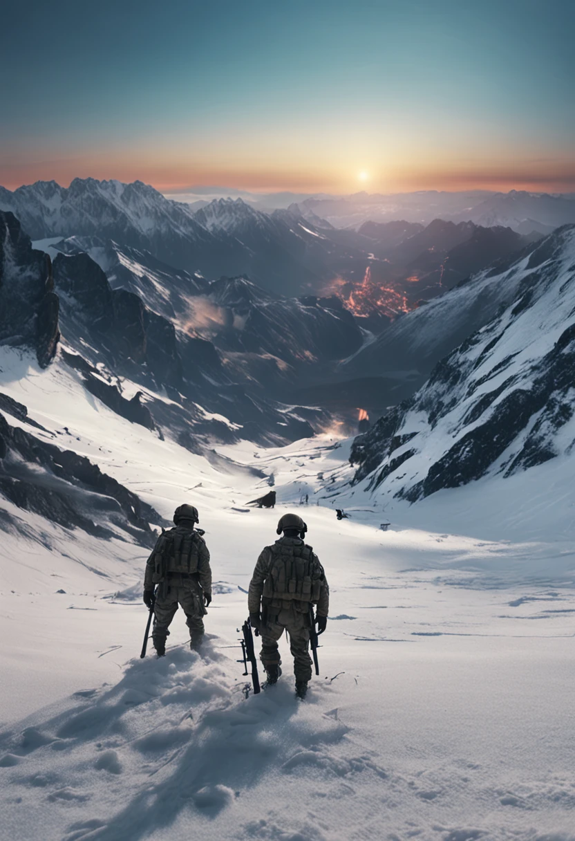 A group of male soldiers stand on the snow,Talk to each other,Handsome face,heroic look。