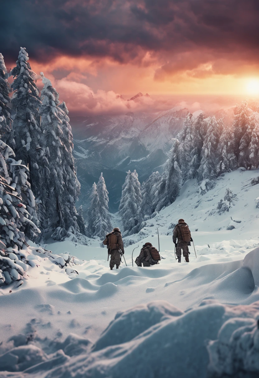A group of male soldiers stand on the snow，Talk to each other，Handsome face，heroic look。