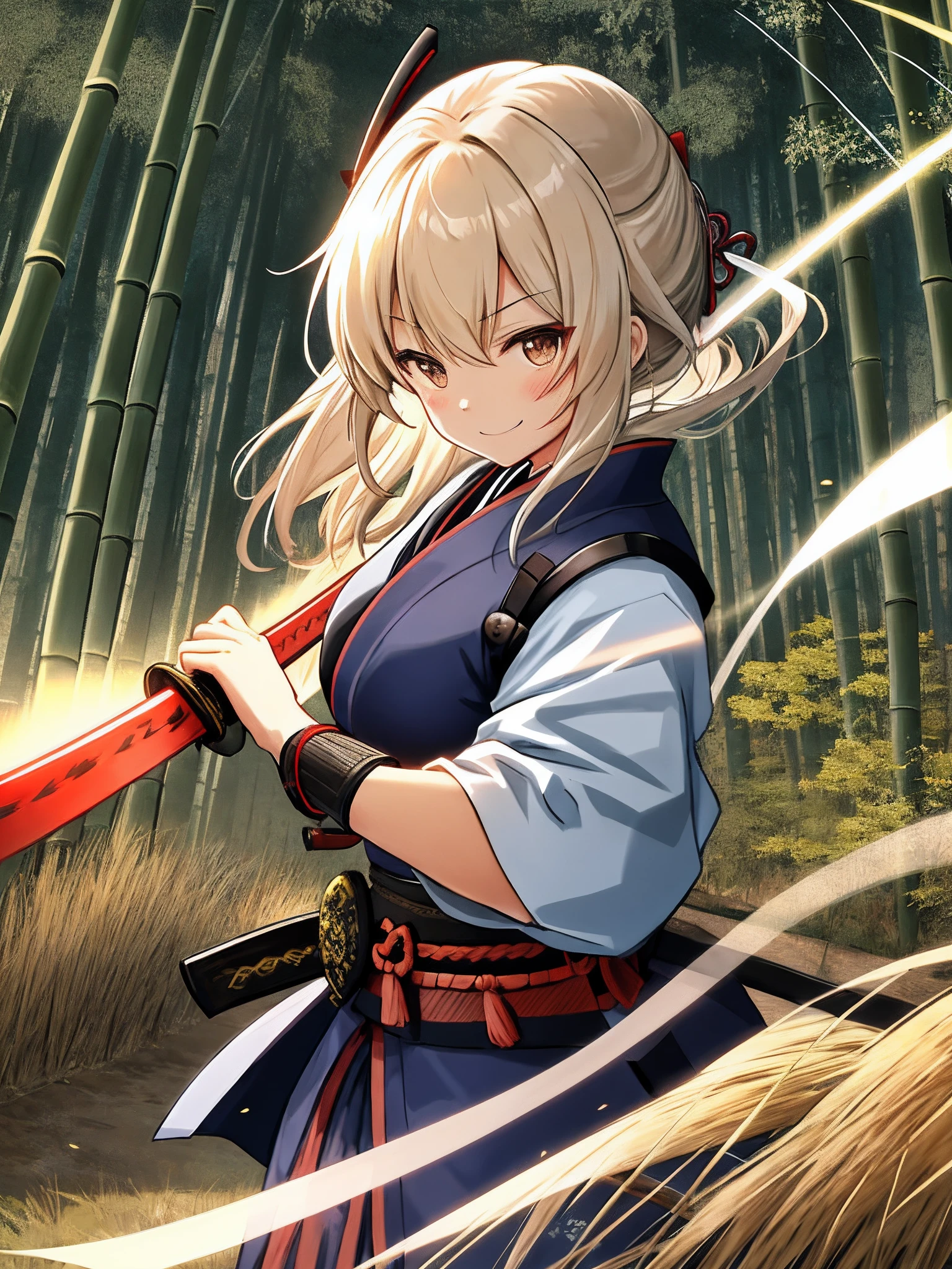 Beautiful Japan countryside、Lightly armed female samurai stands。 Samurai wear simple kimonos and rustic armor、In his hand he holds a Japan sword。 Blue in the countryside々A bamboo forest spreads out、A gentle wind is blowing。 Samurai hides in the grass、Pay attention to enemies creeping around。 A smile appeared on the samurai's face、Tension and anticipation are mixed before the battle。 The blade of the Japan sword glows lightly、Depict the moment when the light movements of the samurai's body dance beautifully in battle。 Use this prompt to、Lightly armed female samurai unites with nature、Draw a moment of battle。