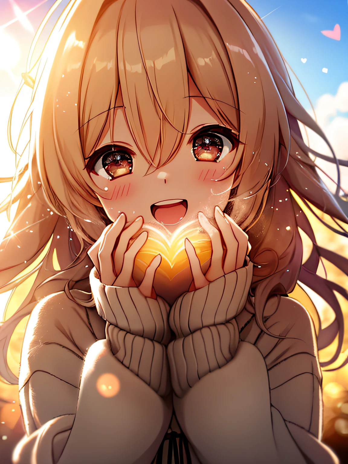 girl with、cosy sweater on、The upper part of the body、(Huge laughter:1.1)、(Opening Mouth:1.1)、(widely opened eyes:1.2)、Sun glare、bokeh dof、depth of fields、blurry backround、Particles of light、heavy wind、(Heart particles:1.1)　Eyes are sparkling