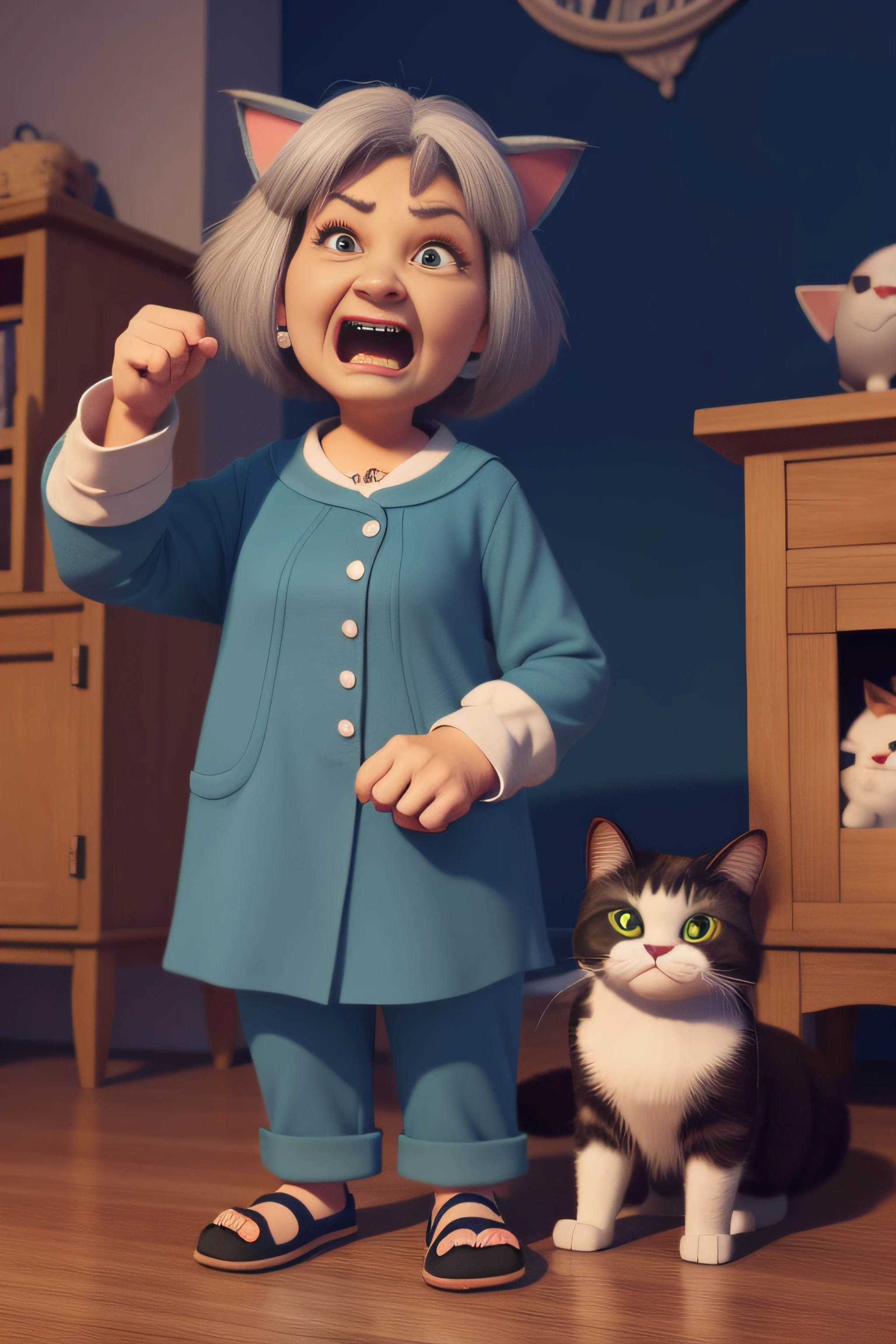 A grumpy old lady and many cats, 3D video rendering, pixar character