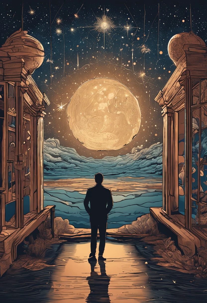 "Transport the reader to the moment when a man gazes up at the night sky. Descreva a cena com riqueza de detalhes, from the man's posture to the expression on his amazed face. Explore how the darkness of the night enhances the brightness of the stars and moon, Creating a magical contrast. Immerse yourself in man's emotions as he feels small before the vastness of the cosmos, highlighting the sense of connection this experience inspires. Describe the constellations he can identify and how they seem to come to life, Telling ancient stories in the sky. Use metaphors to compare the sky to a sea of diamonds or a velvet sheet studded with light. Capture the silence of the night and the peace it brings, while man is lost in the heavenly immensity, lost in thoughts and reflections on your place in the universe."