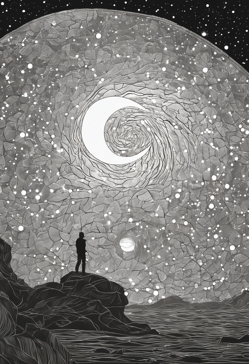 "Transport the reader to the moment when a man gazes up at the night sky. Descreva a cena com riqueza de detalhes, from the man's posture to the expression on his amazed face. Explore how the darkness of the night enhances the brightness of the stars and moon, Creating a magical contrast. Immerse yourself in man's emotions as he feels small before the vastness of the cosmos, highlighting the sense of connection this experience inspires. Describe the constellations he can identify and how they seem to come to life, Telling ancient stories in the sky. Use metaphors to compare the sky to a sea of diamonds or a velvet sheet studded with light. Capture the silence of the night and the peace it brings, while man is lost in the heavenly immensity, lost in thoughts and reflections on your place in the universe."