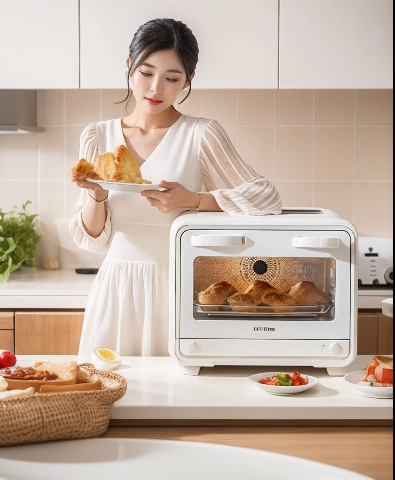 Woman in white dress holding a plate of food in front of a toaster oven, oven, Wang Chen, vivd details, toasting, product introduction photos, shaxi, 4l, product introduction photos, Ready to eat, designed for cozy aesthetics!, miko, Chiba Yuda, Solid, with accurate features