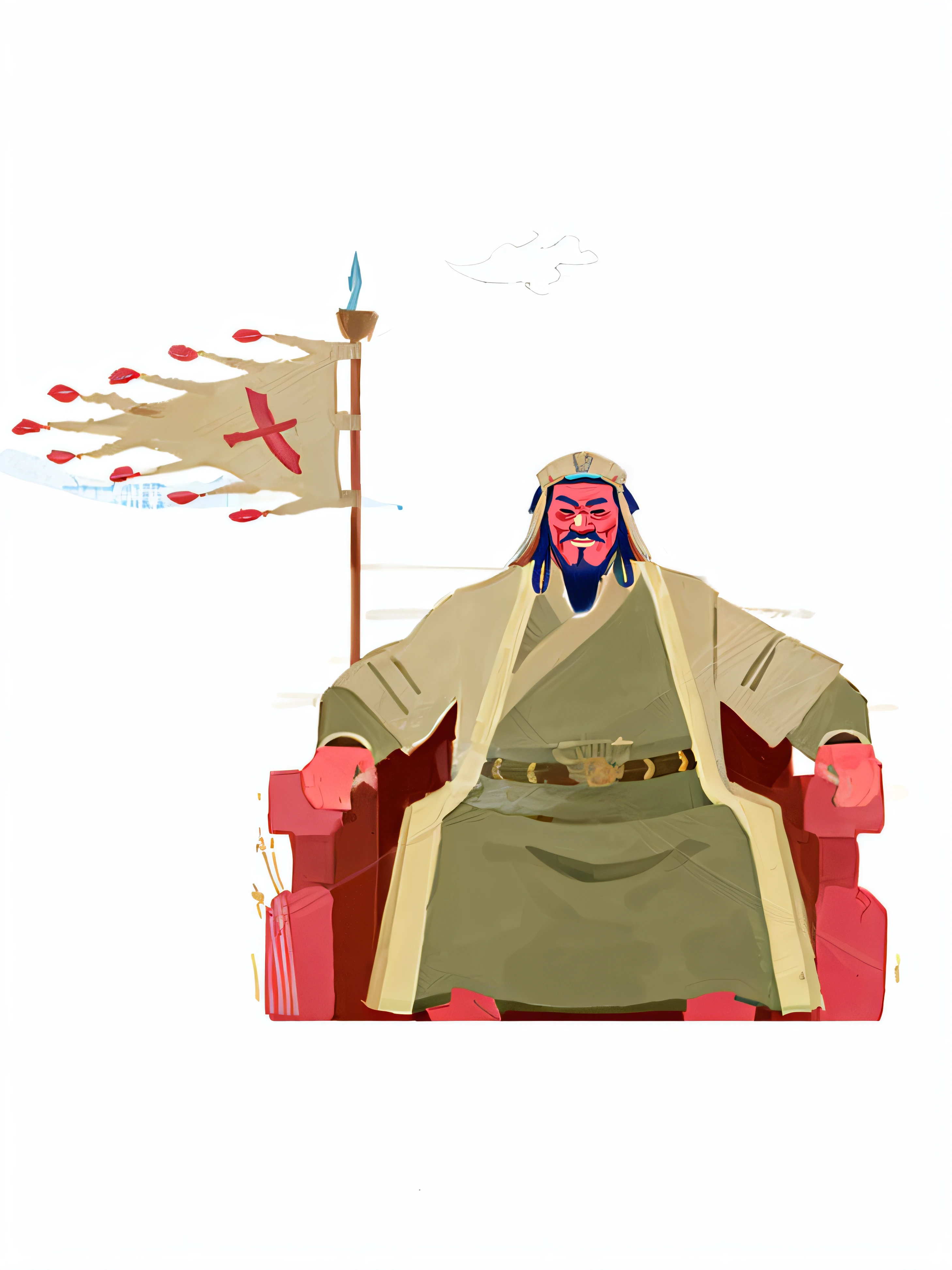 Genghis Khan sat happily in his chair,With a flag and a sword, Kings of the Middle Ages, genghis khan, mongol, laughing heartily, Shogun, photo of genghis khan,Pleasure, inspired by Xuande Emperor, seated on a throne, by Xuande Emperor, from three kingdoms