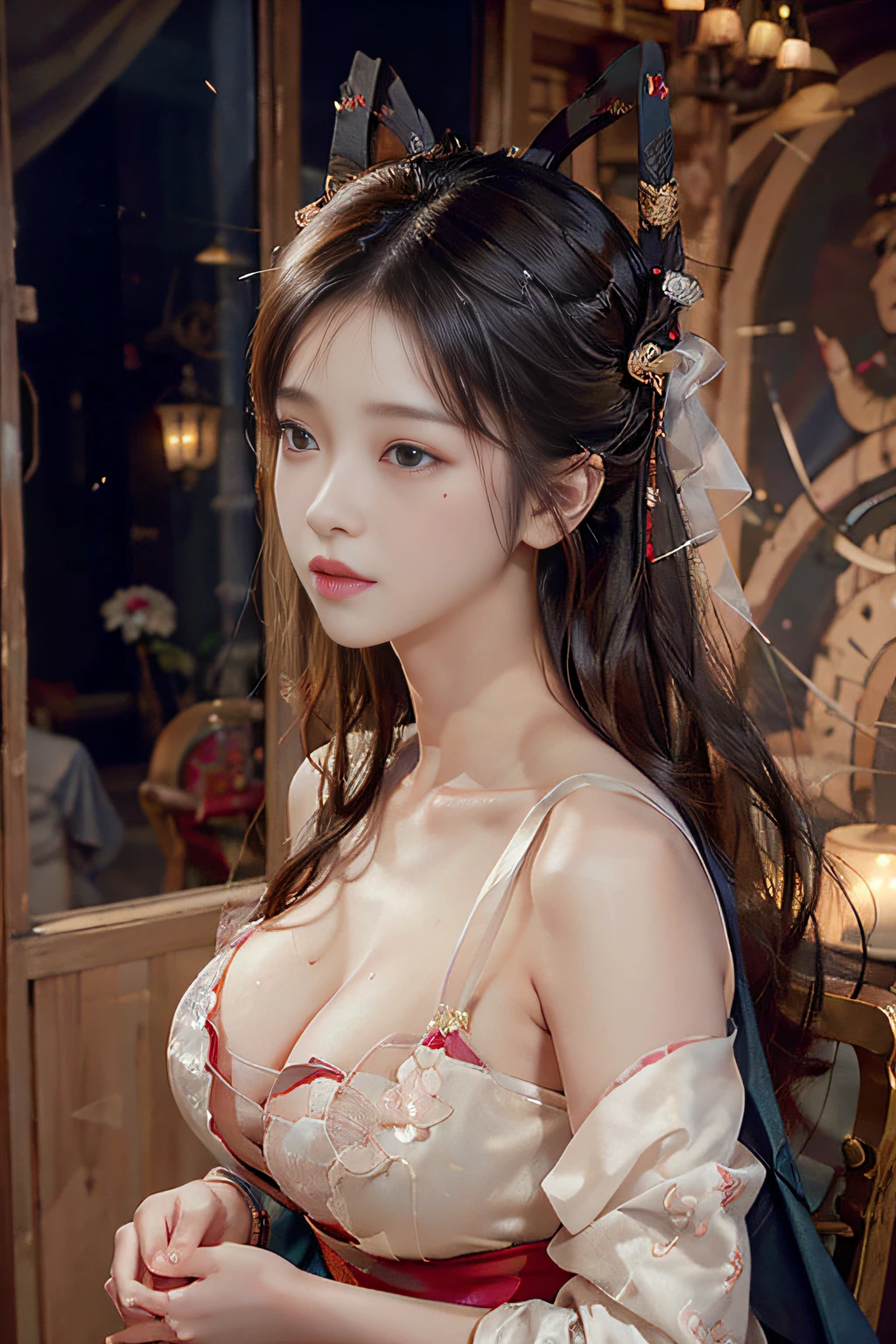 8k, RAW Photo, Best Quality, Masterpiece: 1.2), (Realistic, Photo Realistic: 1.4), {{{1girl}}},, Depth of Field, Full Body, Cinematic Lighting, princess 8 yeald old cute, (huge boobs,cleavage), Beautiful Facial Features, Beautiful Body, Sweating, , Depth of Field, Skin, Ears, Pale Skin, Best Quality, Masterpiece, Illustration, an extremely deciple and beautiful, extremely detailed,CG,unity,8k wallpaper,amazing,finely detail,master,best quality,official art,extremely detailed CG unity 8k wallpaper,ridiculous,incredibly ridiculous,huge file size, super verbose, high resolution, very verbose, Beautiful detailed girl, very detailed eyes and face, beautiful detailed eyes, light on face, (Hanfu: 1.1), lace silk thin, petticoat