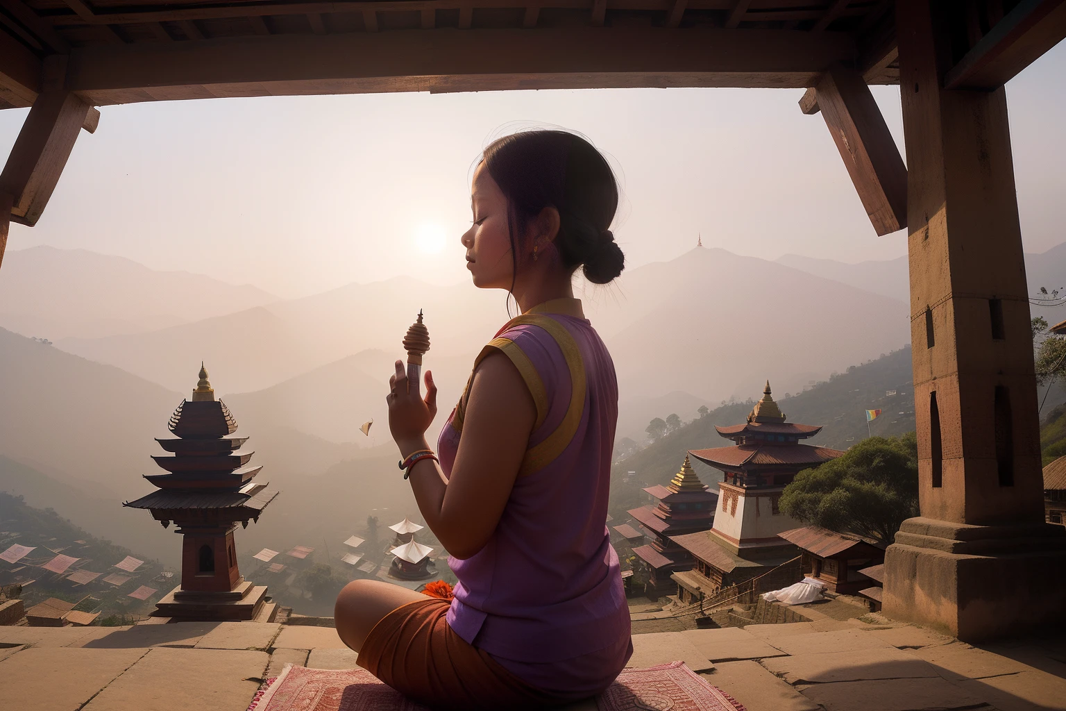 Year: 2013
Country: Nepal
Description: In the Kathmandu Valley, a tween stands against the backdrop of the ancient Boudhanath Stupa. The pastel-colored prayer flags flutter gently in the breeze as the young individual spins a colorful prayer wheel. The soft daylight illuminates the scene, creating a serene and meditative atmosphere.