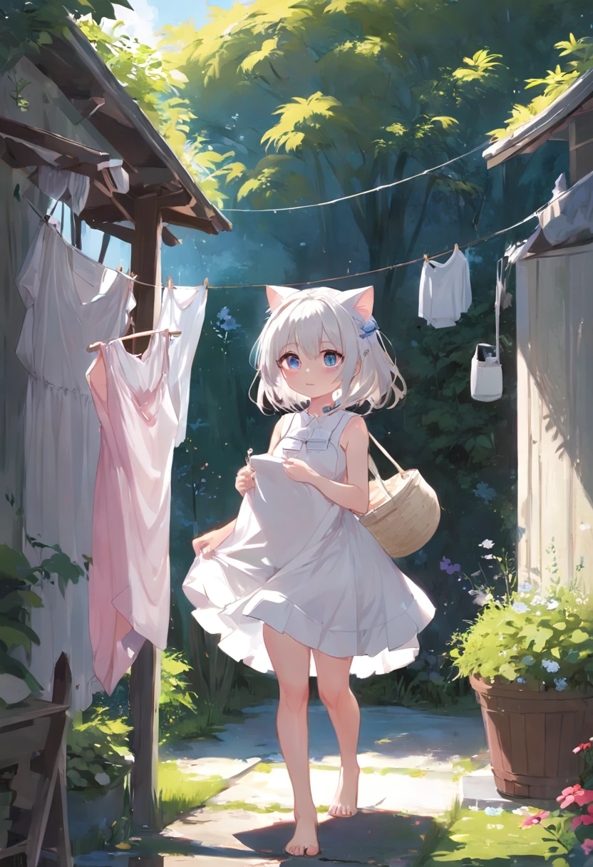 Cat-eared girl in white dress standing in garden, Break,silber hair,eBlue eyes,(((Sleeveless))),Hang laundry to dry,Holding a laundry basket with clothes,loli in dress, small curvaceous loli, Guviz-style artwork, Guweiz in Pixiv ArtStation, Guweiz on ArtStation Pixiv, Guviz, small loli girl, Soft anime illustration, Anime visuals of cute girls, Detailed digital anime art