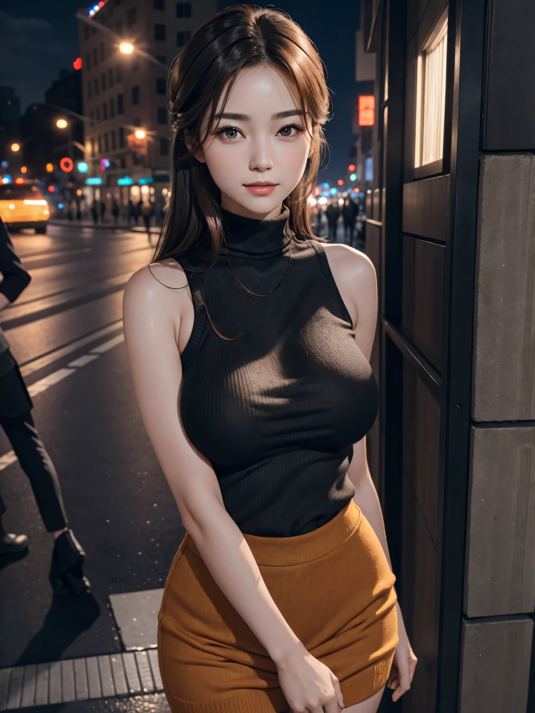 photorealistic, masterpiece, best quality, raw photo, night situation:1.5, at street side, dark street, 
BREAK,
1girl, biggest breasts:1.38, gigantic breasts:1.38, disproportionate breasts:1.38, medium-length hair, brown hair, (extremely pretty and beautiful Japanese actress face:1.3, Korean actress face:1.3, beautiful clean face), 
BREAK, 
attractive look, shiny-orange turtleneck sweater, sleeveless, black knit-skirt,   
BREAK, 
looking at viewer, standing at the wall, attractive posing, seductive smile, :d, cinematic lighting, at night, in the dark, deep shadow, at night, natural shading, low key, intricate detail, detailed skin, pore, highres, hdr, 4k, realistic,