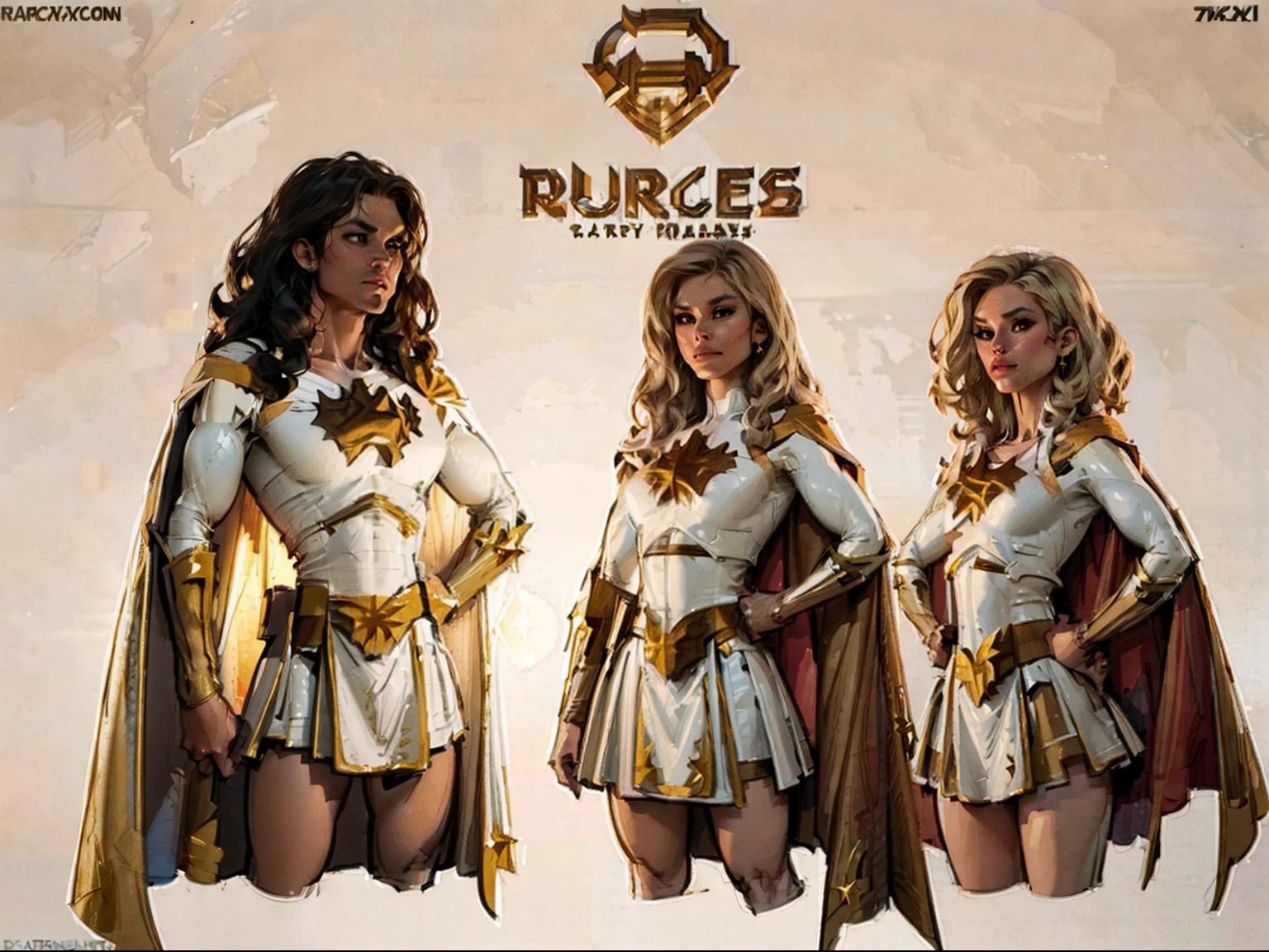 ((masterpiece)),(((best quality))),((character design sheet)), illustration,1woman, ((starlight:1.2)) theboys, environment Scene change,  muscular, (brown skin:1.4), (black legs), thick legs, (royalty cape:1.5), scribbles and marks, fire, ((detailed face:1.1)), rough sketches, pose too, platinum blonde, black and gold color palette, 8k,16k, (simple background, light background: 1.3)